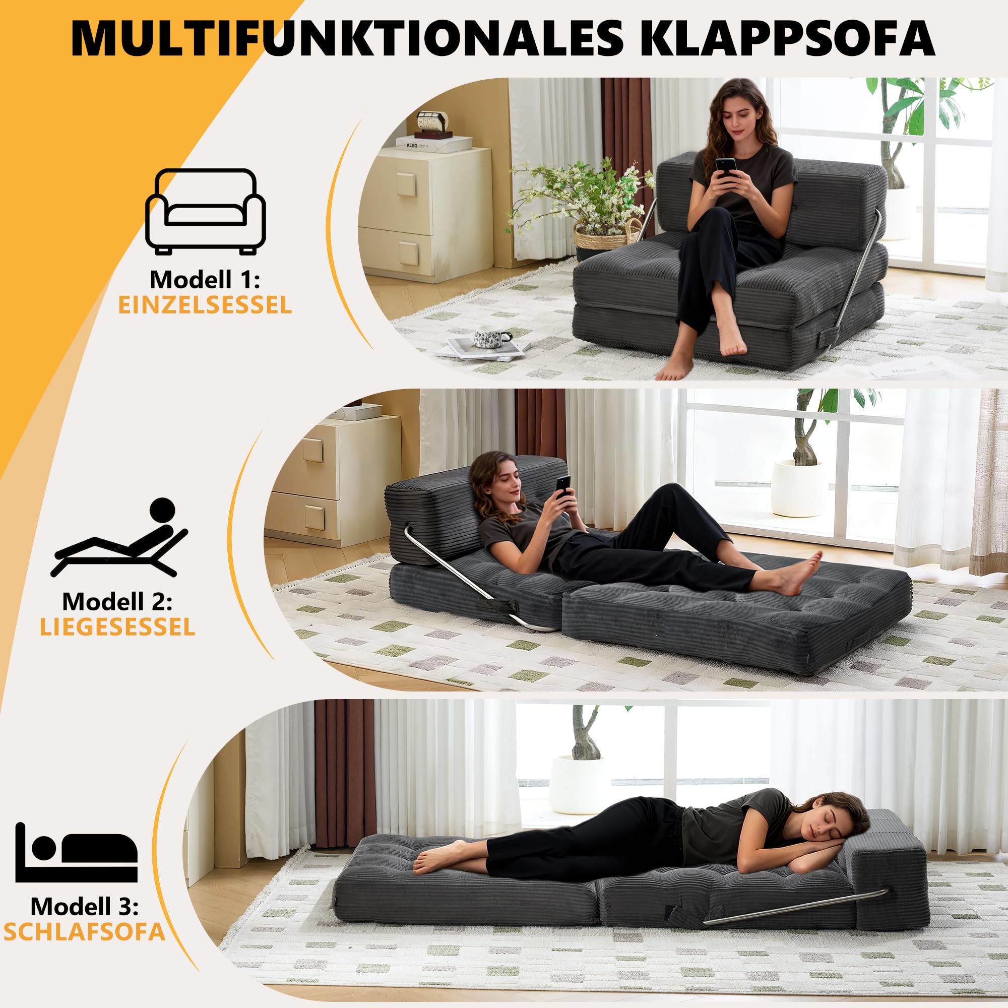 Mingone 3-in-1 Schlafsessel, Boneless Couch mit Bettfunktion Grau