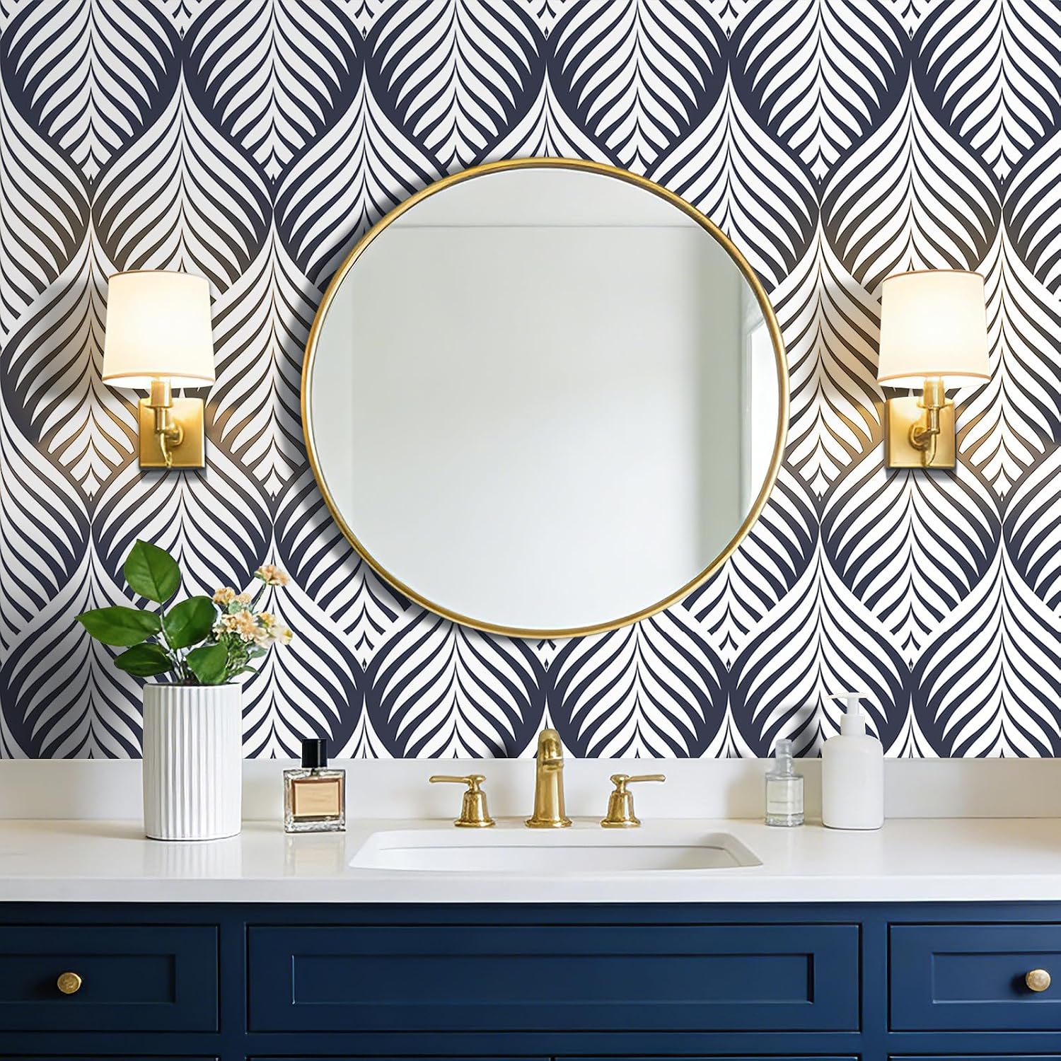 FunStick 17.5x354 Modern Dark Blue and White Peel and Stick Wallpaper Geometric Wallpaper for Bedroom Self Adhesive Kitchen Cabinet Contact Paper Peel and Stick Accent Wall Paper for Bathroom Shelves