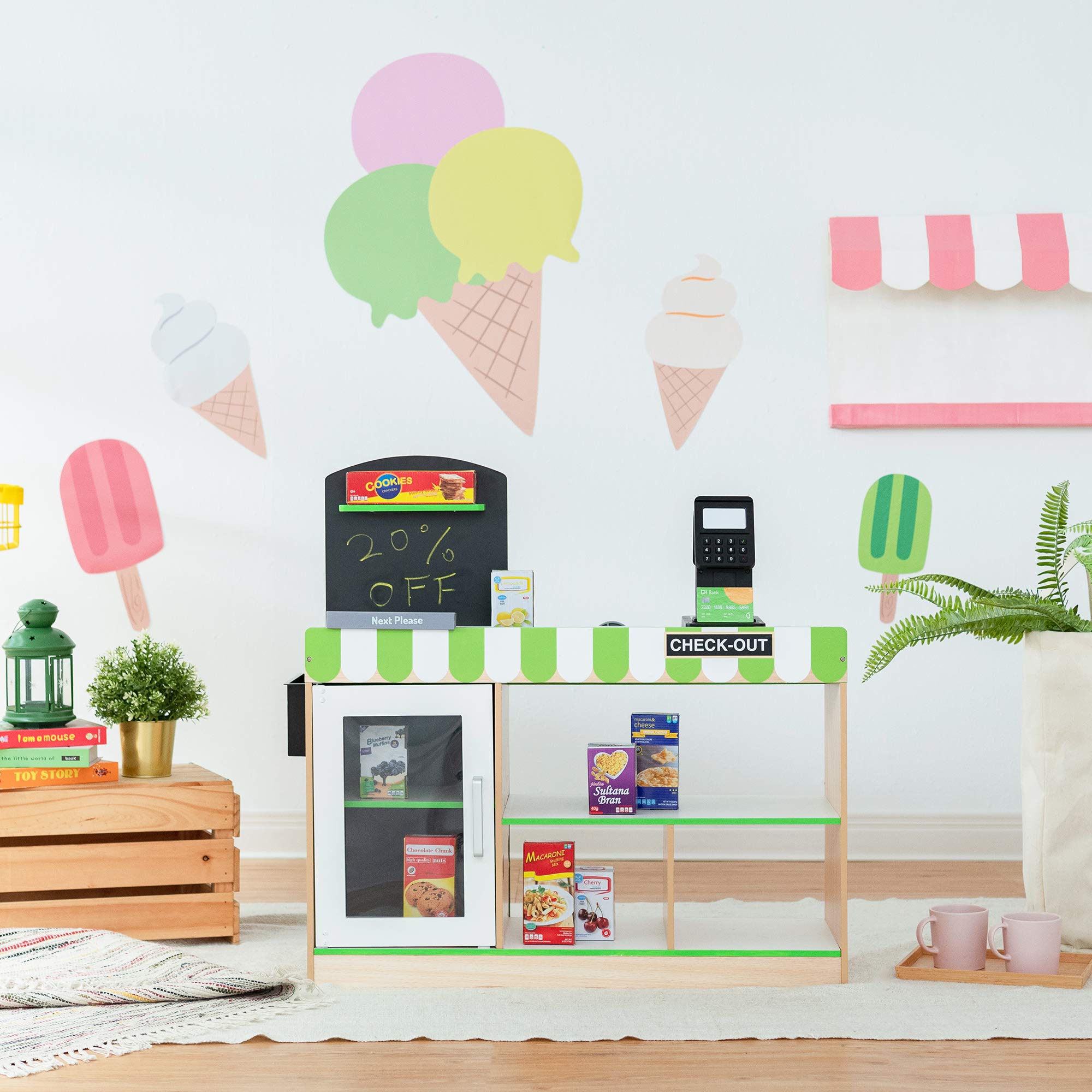 Teamson Kids Austin Holz-Lebensmittelladen Für Kinder Mit 26-Teiliges Zubehör Supermarkt Einkaufs-Fantasiespielzeug Mit Fließband TD-13206B