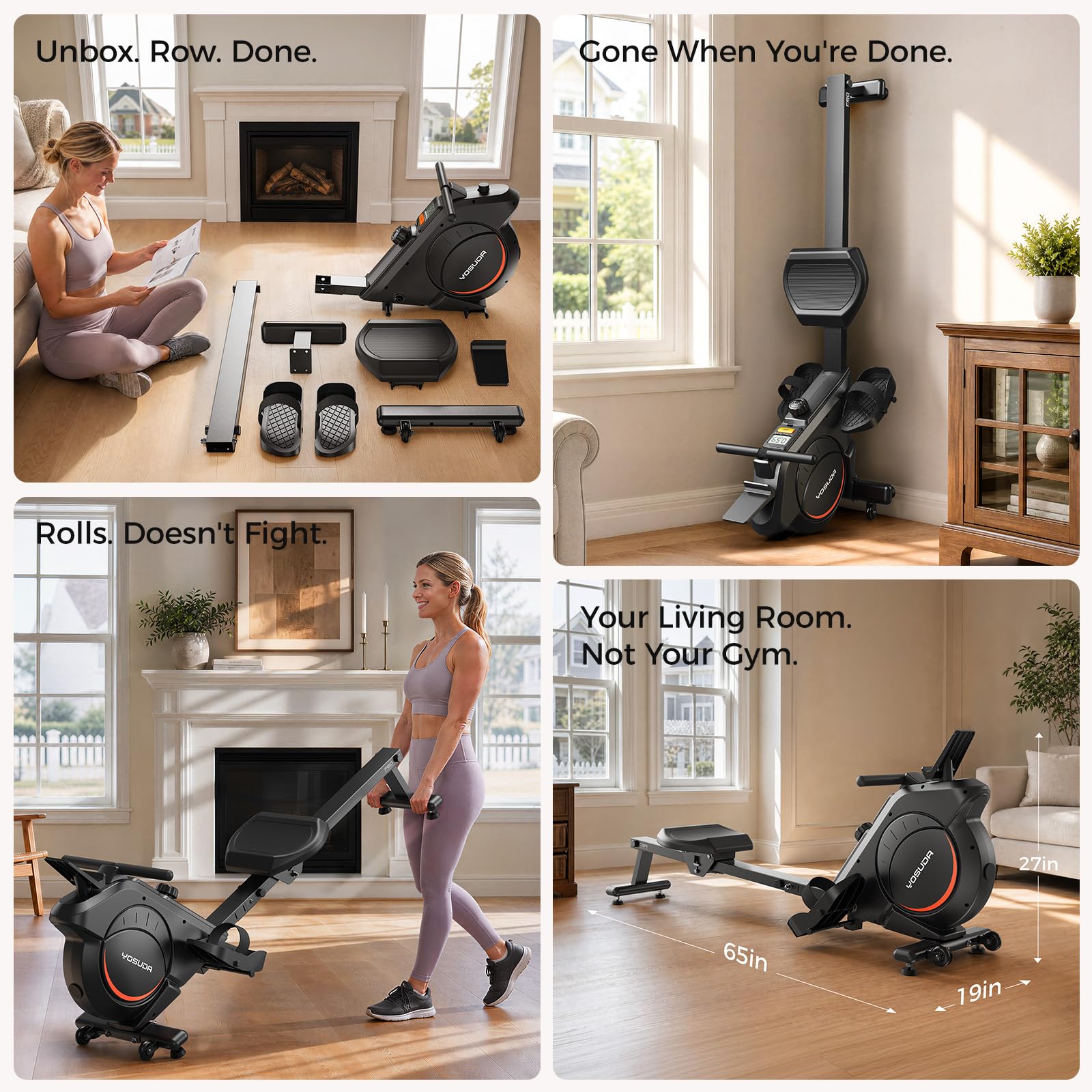 YOSUDA Vogatore Muscolazione Confortevole & Interattivo, HIGH-POWER 16 Livelli (40kg), APP/BT, Silenzioso, Facile Montaggio, Pieghevole, Ideale 1.35-1.88m, Richiudibile Casa
