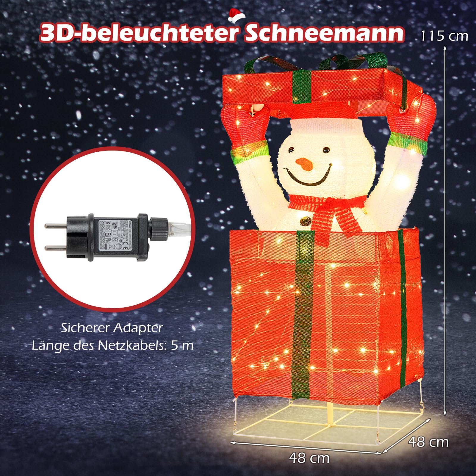 COSTWAY LED Schneemann in Geschenkbox, 115 cm beleuchtete Weihnachtsdeko mit 100 warmweißen LED-Lichtern, Weihnachtsfigur Outdoor XXL, Weihnachtsbeleuchtung für innen & außen