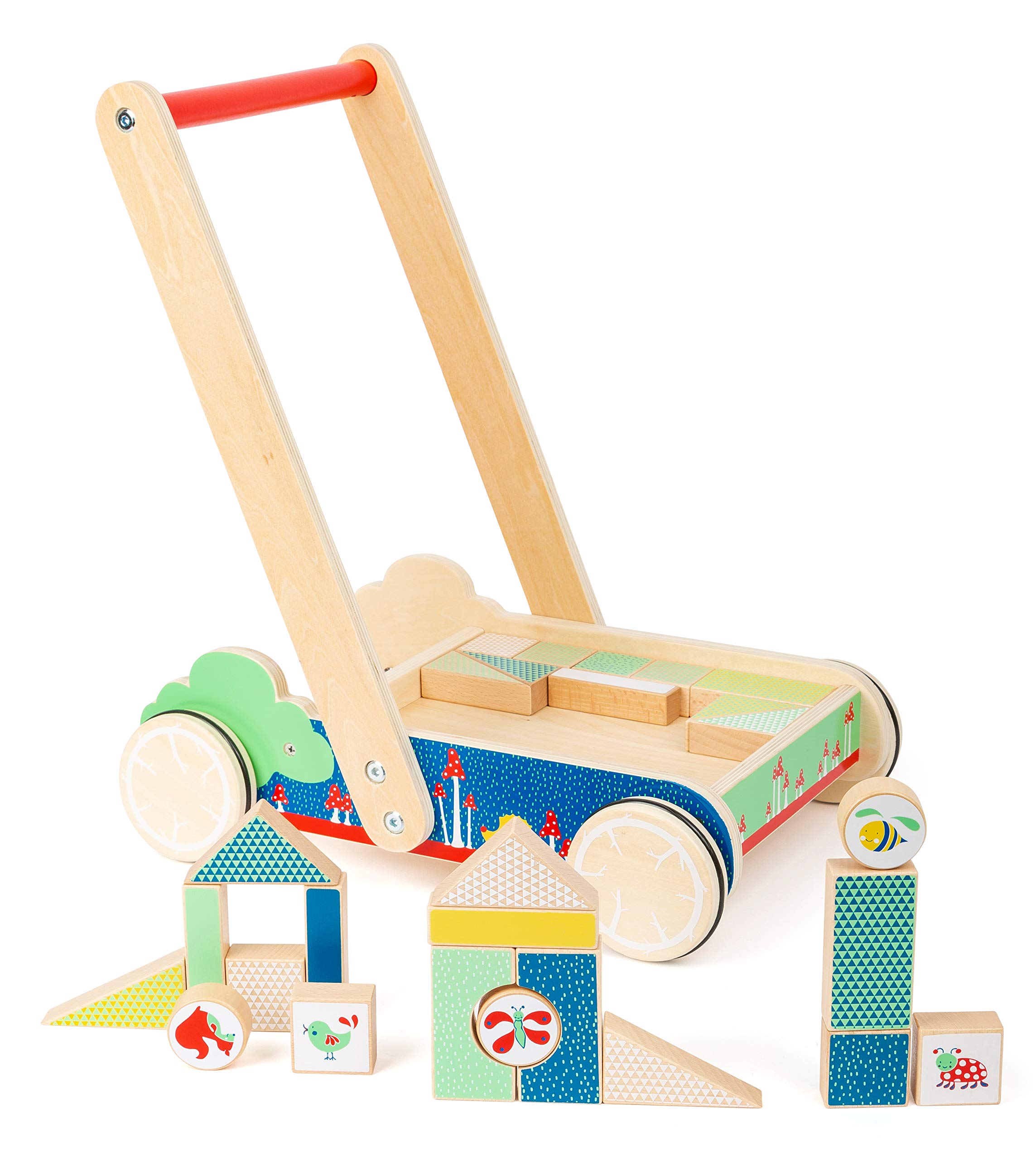 Small Foot 11435 11435Building Walker Move it, Made of Wood, with 27 Building Blocks with Prints, for Baby's First Steps Toys, Multicolored
