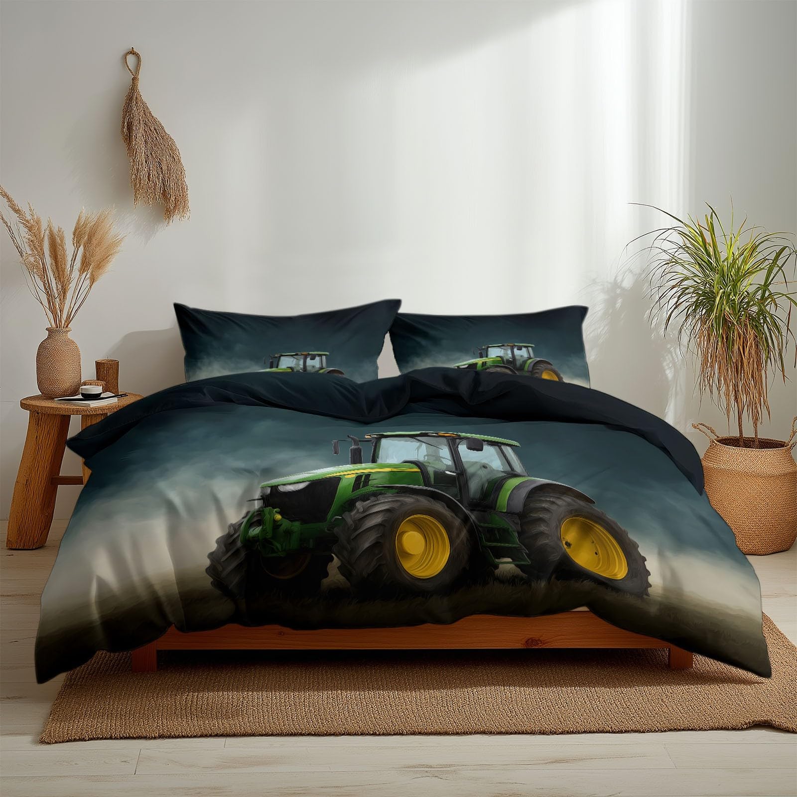Generisch Bettwäsche 155x220cm Grüner Traktor Bettwäsche Set, Weich Atmungsaktiv Mikrofaser 3teilig Bettbezug für Schlafzimmer Kinderzimmer, mit 2 Kissenbezüge 80x80 cm