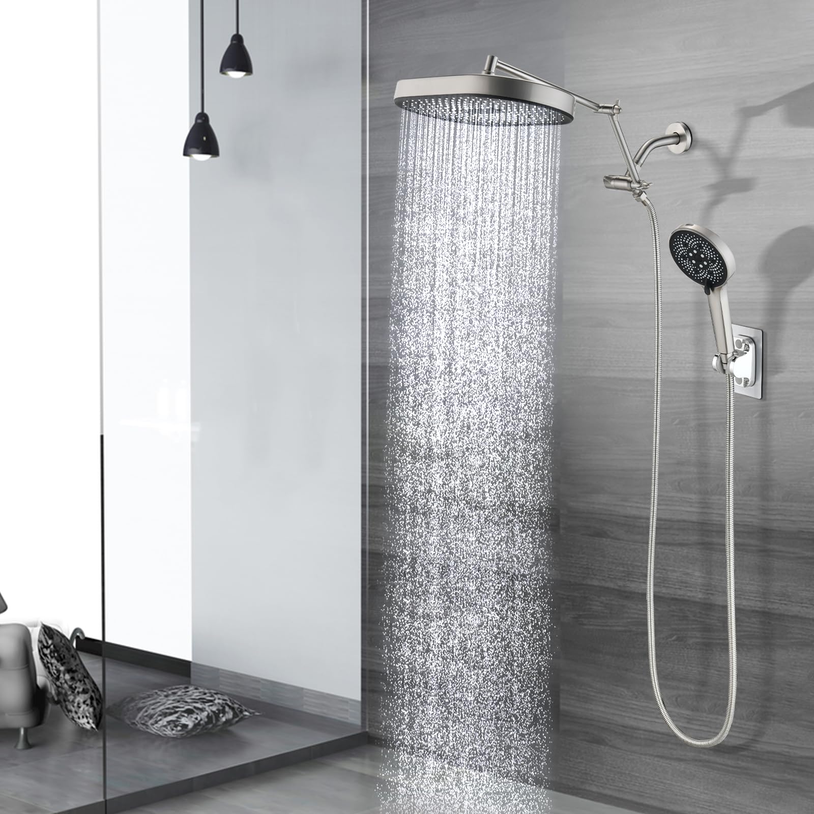 PDPBath Soffione doccia a pioggia da 35,5 cm con 5+1 impostazioni, soffione doccia a pioggia ad alta pressione con braccio di estensione regolabile da 40,6 cm, tubo extra lungo da 200,7 cm, deviatore