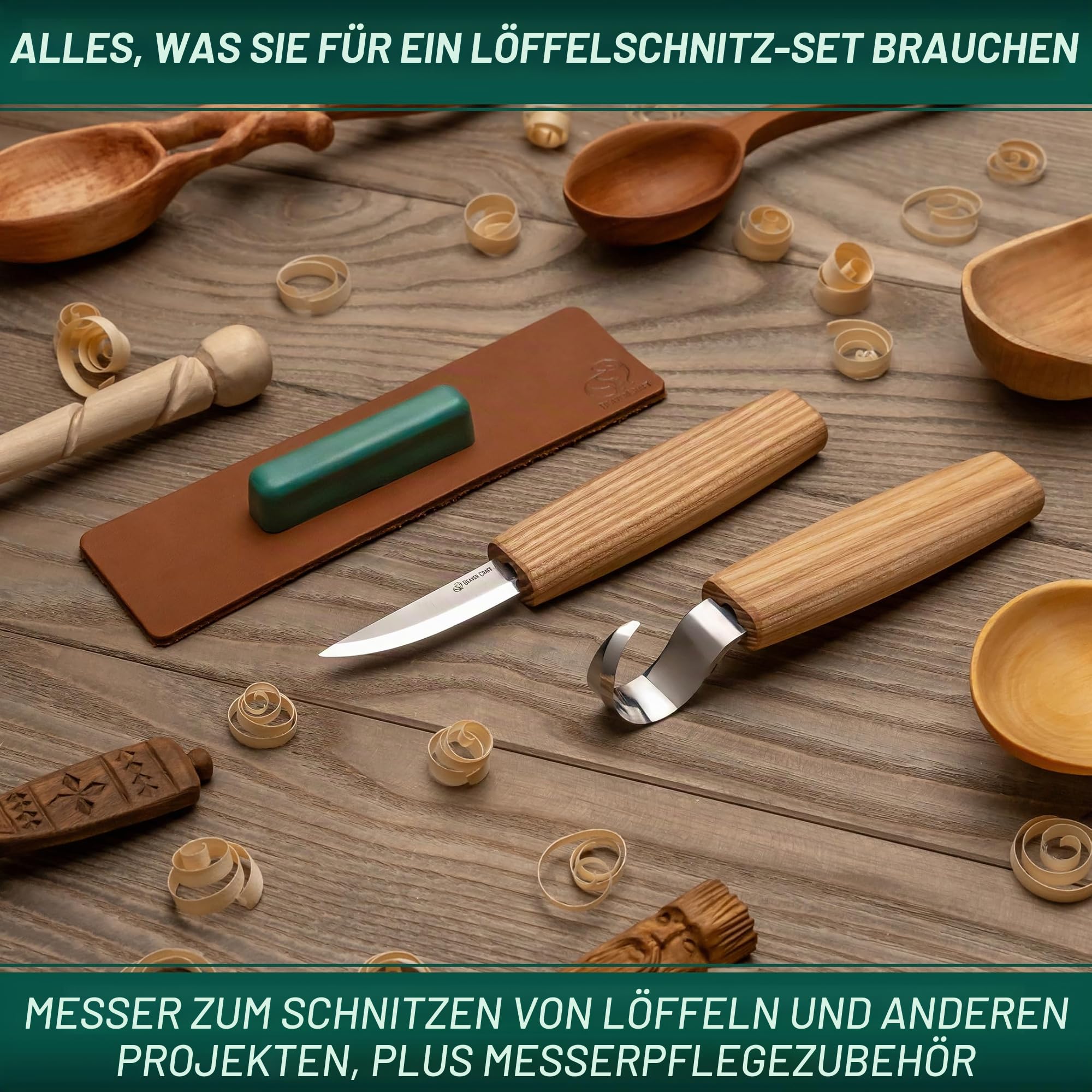 BeaverCraft S01 Löffelschnitzmesser Set – Holzlöffel Schnitzwerkzeug für Rechtshänder – Hakenmesser, Schnitzmesser für Schale, Kuksa, Becher – Holzschnitzset für Anfänger & Profis