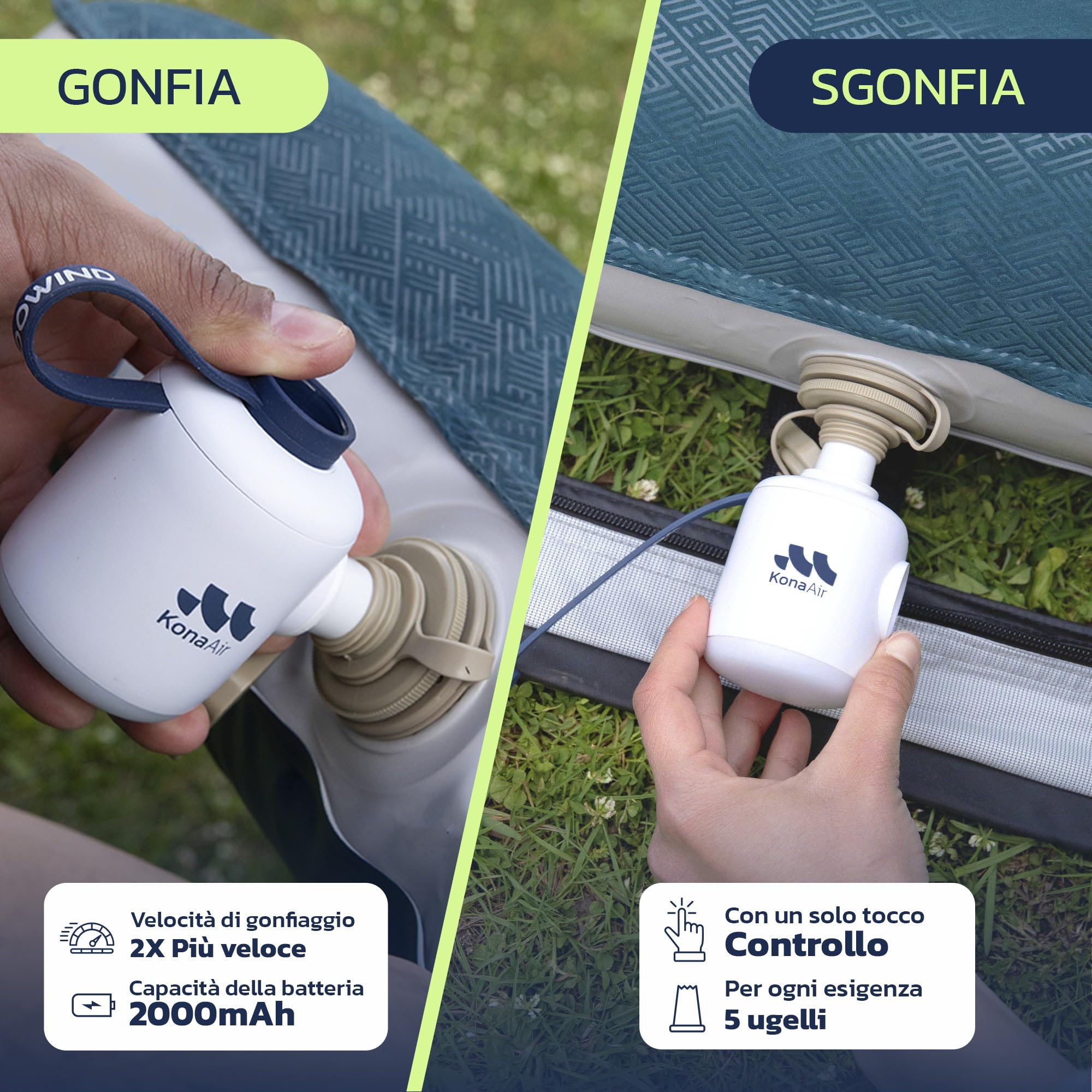Woowind Kona Air Pompa Elettrica Per Materasso Gonfiabile, mini pompa ad aria per gonfiabili, portata 200 L/min, gonfia/sgonfia letti, galleggianti, tende, con luce LED di 10 ore