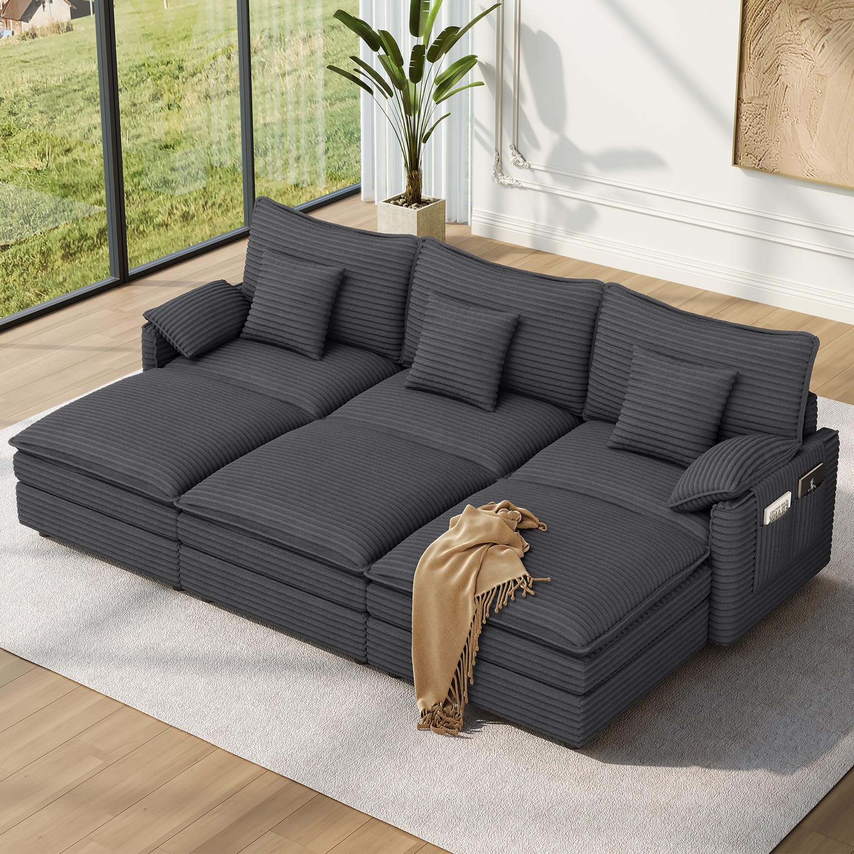 Vesgantti 108" Sectional Sleeper Sofa, 6-Seater Oversized Modular Cloud Couch with Movable Ottoman, Corduroy Large Sofa Bed Convertible Deep Seat Couches for Living Room, Bedroom and Apartment, Gray