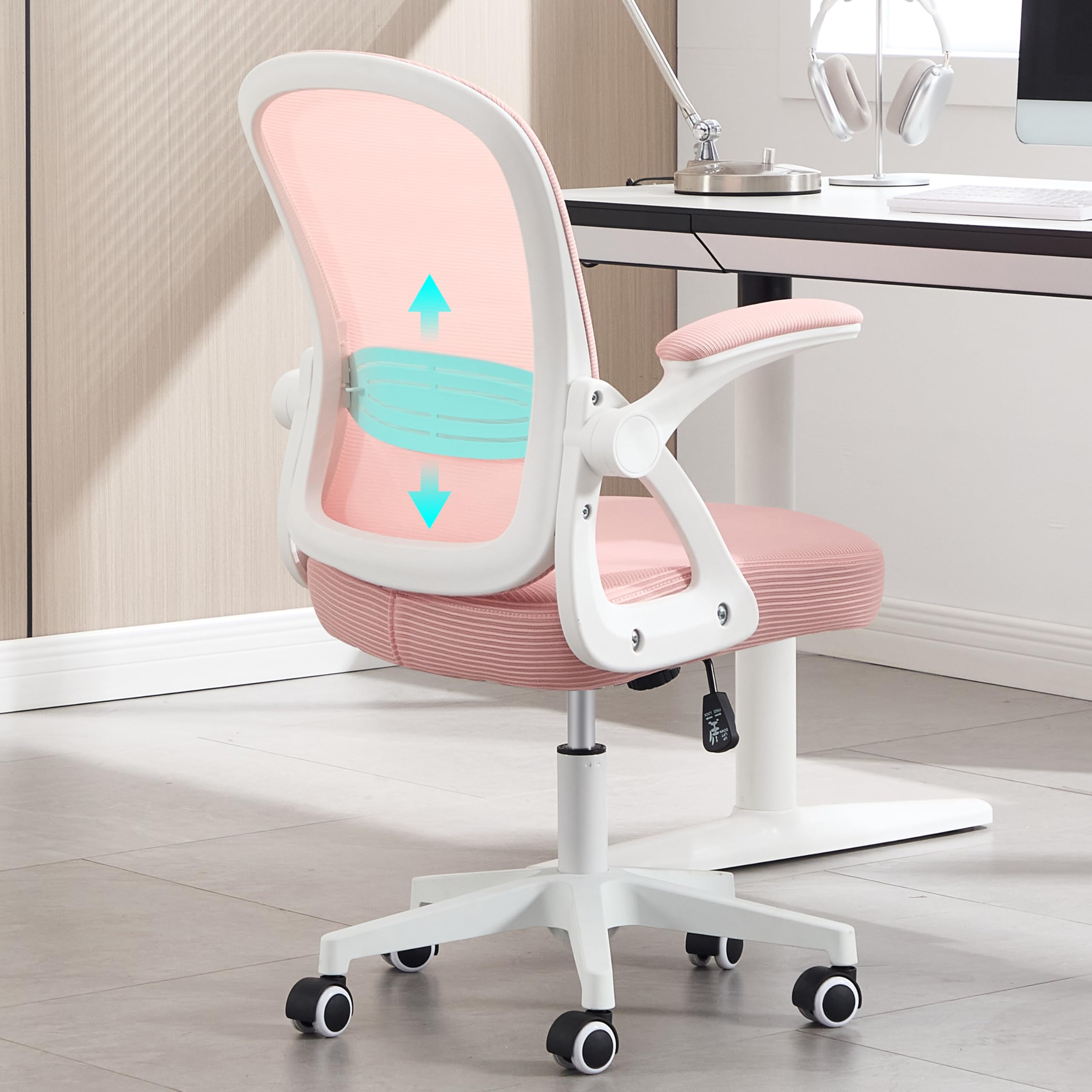 Fizzin Ergonomischer Bürostuhl Rosa Schreibtischstuhl, 150 kg | Mesh Drehstuhl mit gepolsterten klappbaren Armlehnen, verstellbare Lendenwirbelstütze für Büro, Homeoffice und Gaming