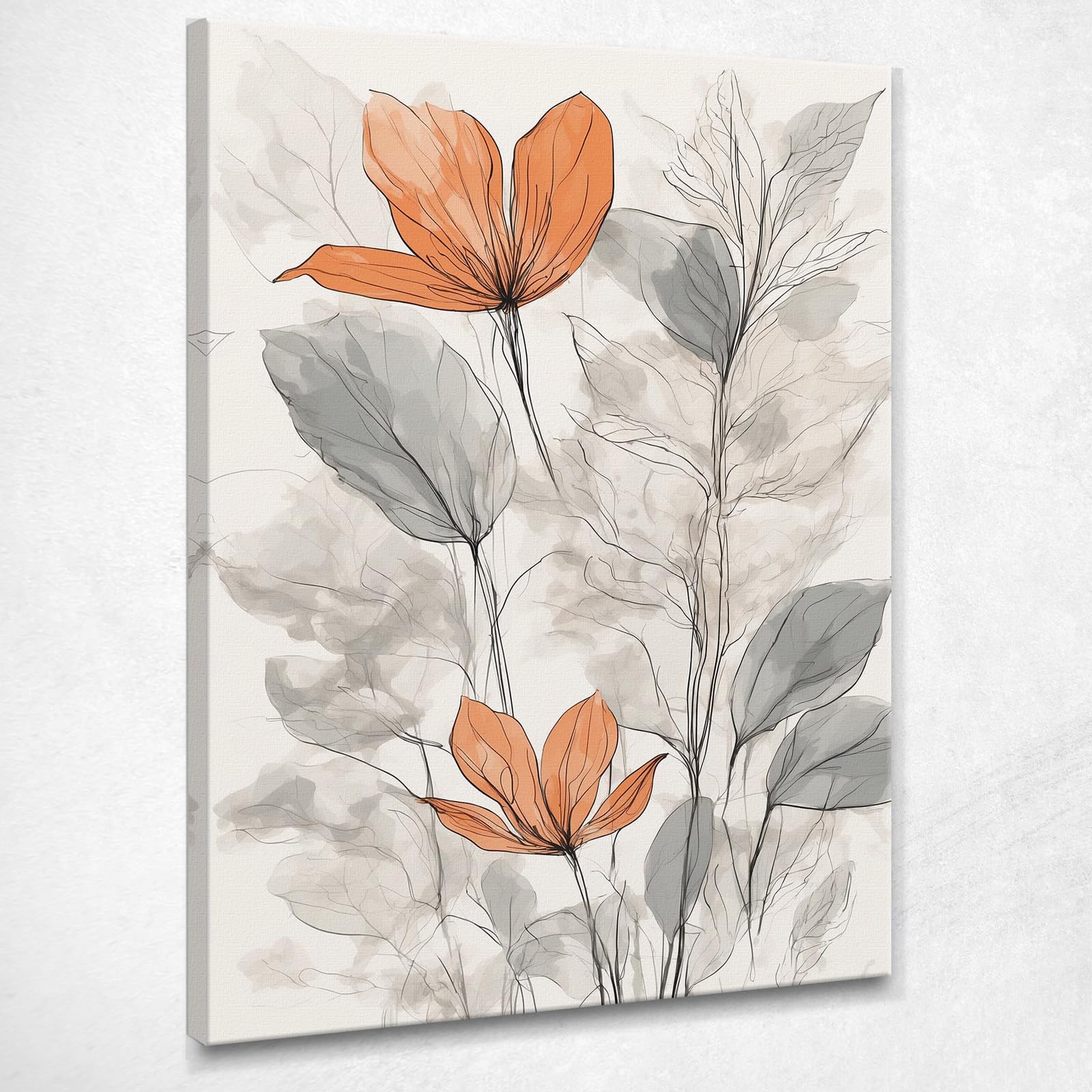 CheQuadro! Bild Blätter und Blumen, abstrakte Dekoration, Wohnzimmer, Illustration von roten Blumen und abstrakten grauen Blättern, Druck auf Leinwand, gerahmt, fertig zum Aufhängen, btn33-40 x 30 cm