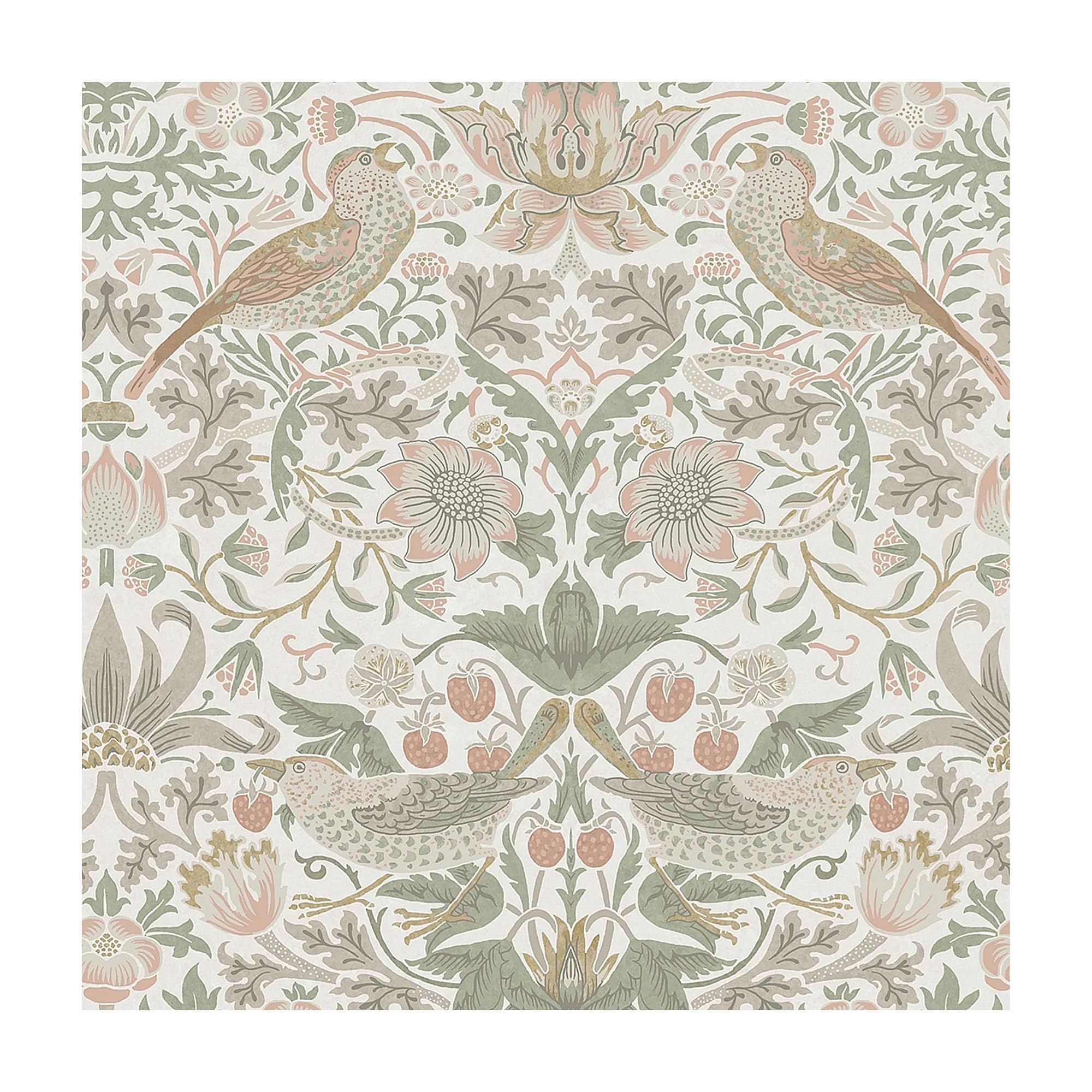 William Morris at Home Strawberry Thief Sage & Pink Wallpaper | Paste the Wall | Green Bird | Eco-Friendly