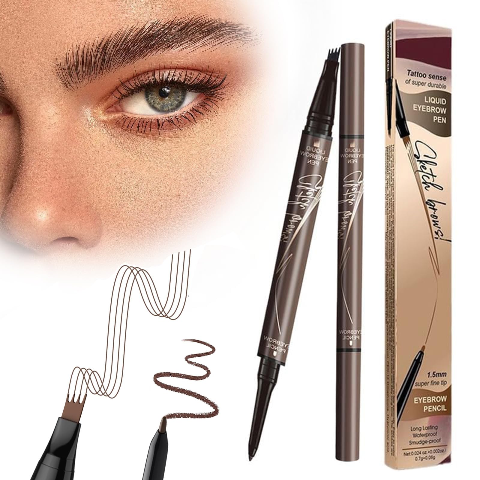 PINKE 2 in 1 Magic Eyebrow Pencil with 4-Tip, 3D Waterproof and Sweat-proof Microblading Eyebrow Pencil Contouring Pen, Long-Lasting Natural Eyebrow Brush Microblade Eyebrow Pencil (Brown)
