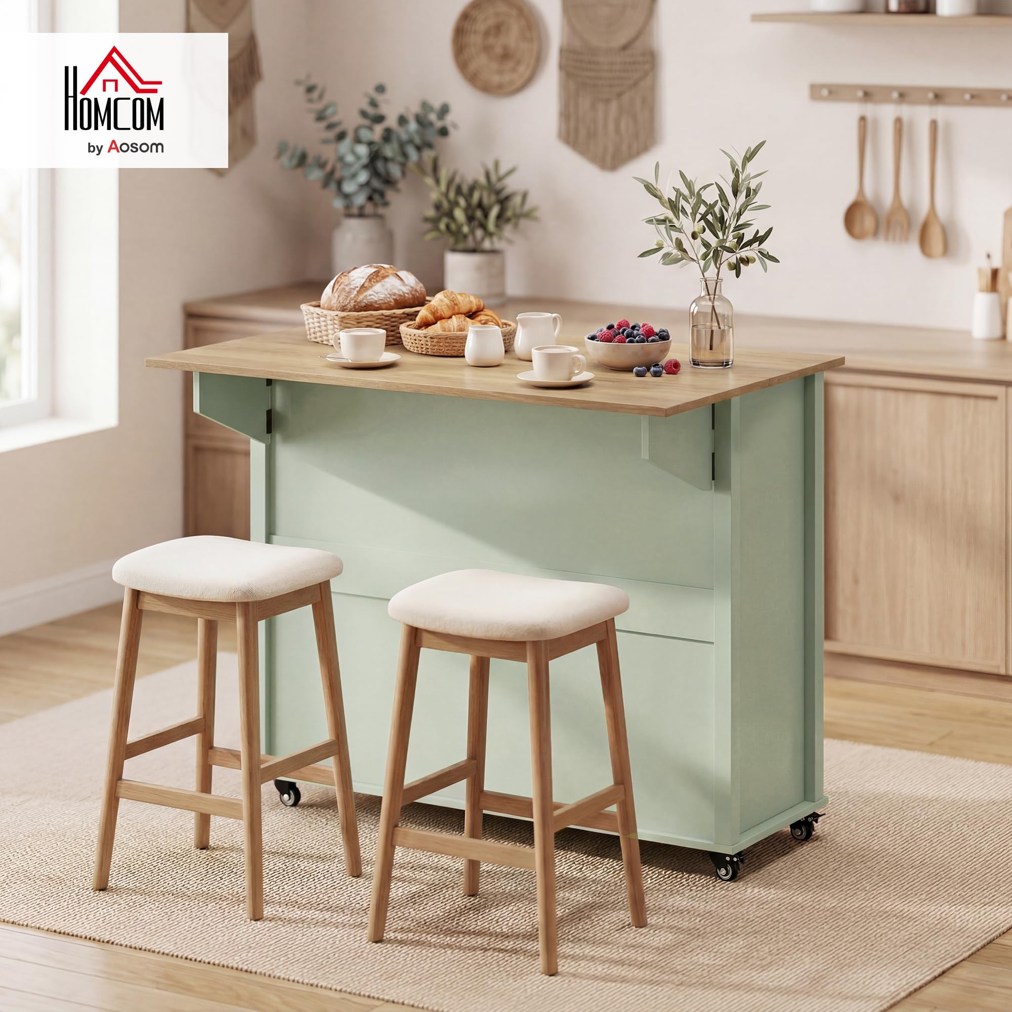 HOMCOM Îlot Central Cuisine avec Plateau Pliant, Desserte de Cuisine sur roulettes avec Placard, 2 Tiroirs, Porte-Serviettes, Étagère Réglable, Compartimentss Ouverts, 117,5 x 70 x 91 cm, Vert Clair