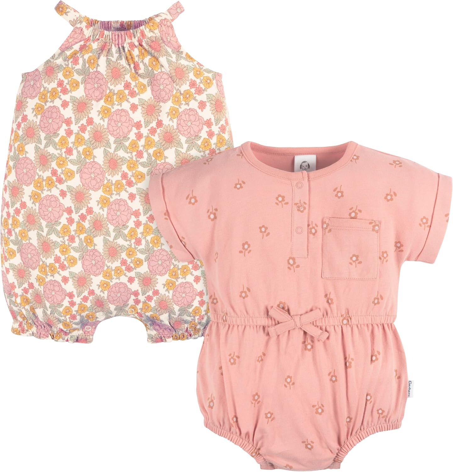Gerber Baby Girls' Sleeveless and Short Sleeve Romper Set