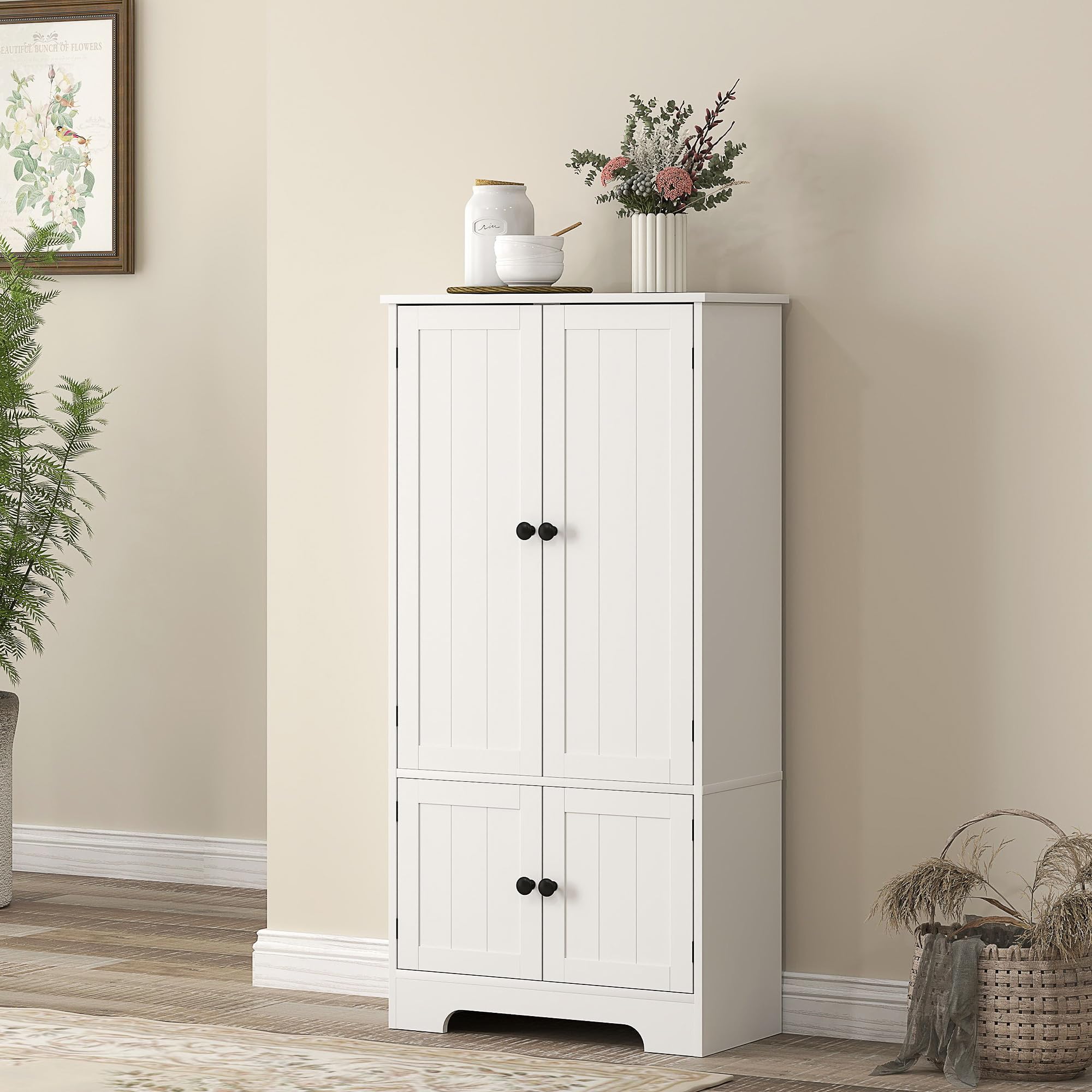 HOMCOM Credenza da Cucina a 4 Ante con 2 Armadietti, Mobile da Soggiorno e Salotto con Ripiano Regolabile e Dispositivo Antiribaltamento, 58.2x30x123 cm, Bianco