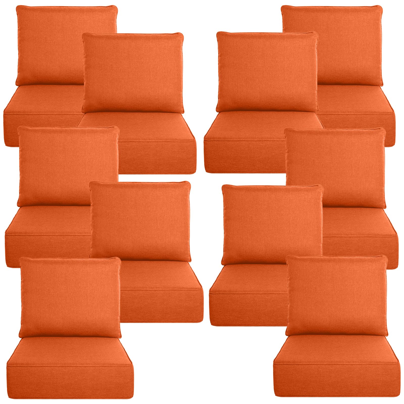 Luxury 6" Thick Outdoor Cushion Set 10 - 24x24 Patio Furniture Cushions with 28D High-Density Foam, Water-Resistant &amp; Fade-Resistant Fabric, Removable Covers for Patio Furniture Sofa Couch -Orange