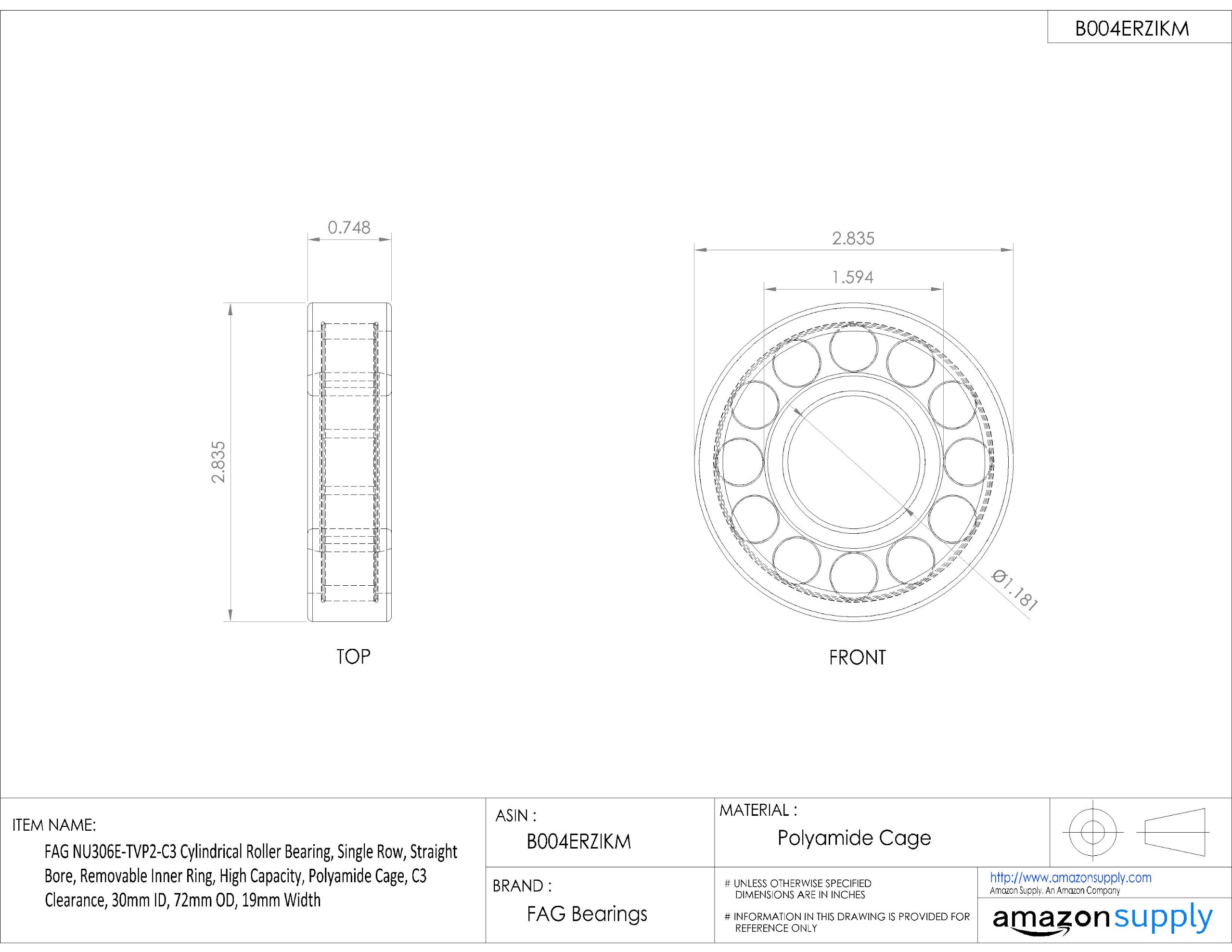 FAG NU306E-TVP2-C3 Roulement à rouleaux cylindrique, rangée unique, alésage droit, bague intérieure amovible, haute capacité, cage en polyamide, dégagement C3, 30 mm ID, 72 mm OD, 19 mm de largeur