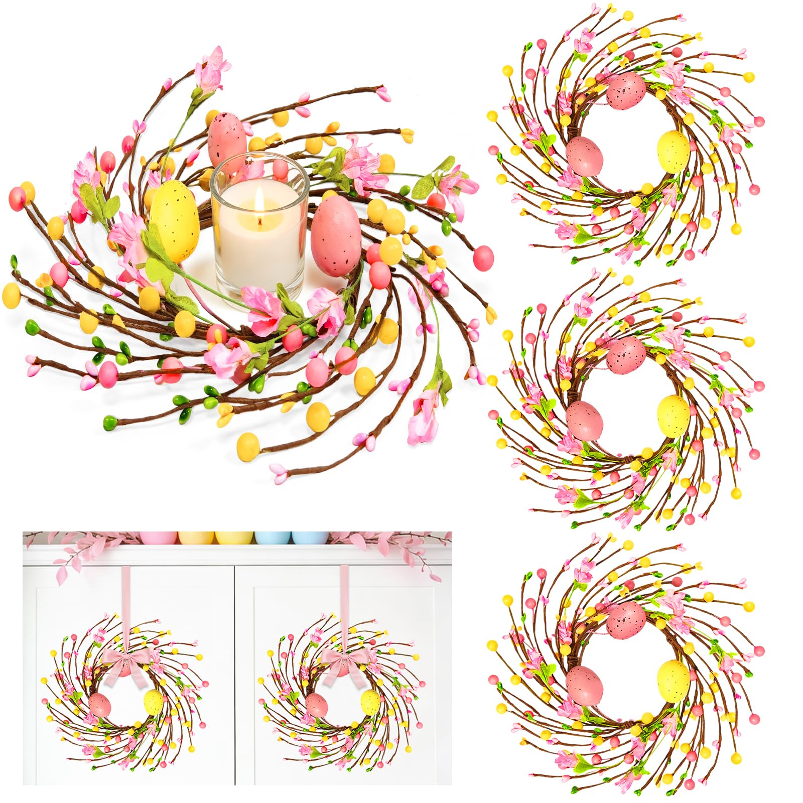 4 Pcs Easter Decorations Small Easter Wreath, 11 Inch Easter Decor Mini Easter Egg Wreaths with Flowers Berries Artificial Spring Wreath for Table Mantle Kitchen Cabinets Door Window Wall Home Decor