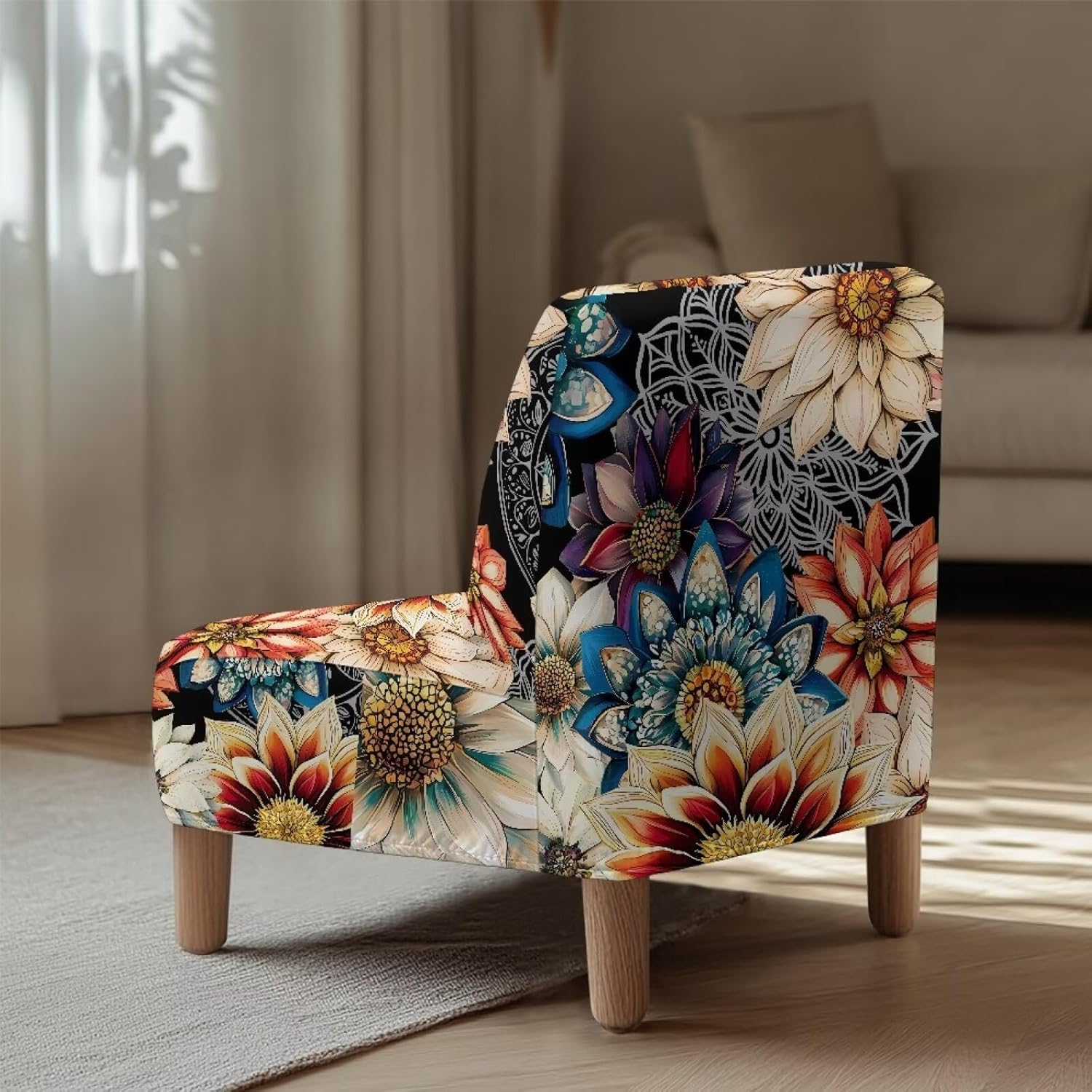 Boho Flower Living Room Chair Covers Retro Accent Chair Covers Without Arms Thick Armless Recliner Sofa Cover Stretchable Removable Armless Chair Slipcover 1 Piece