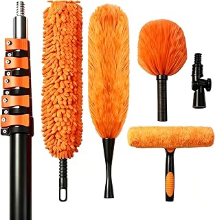 30FT High Reach Duster Kit with 5-24FT Flip-Lock & Screw Dual Locking Extension Pole, Cobweb Duster, Washable Ceiling Fan Cleaner & Window Squeegee for Glass & High Roof