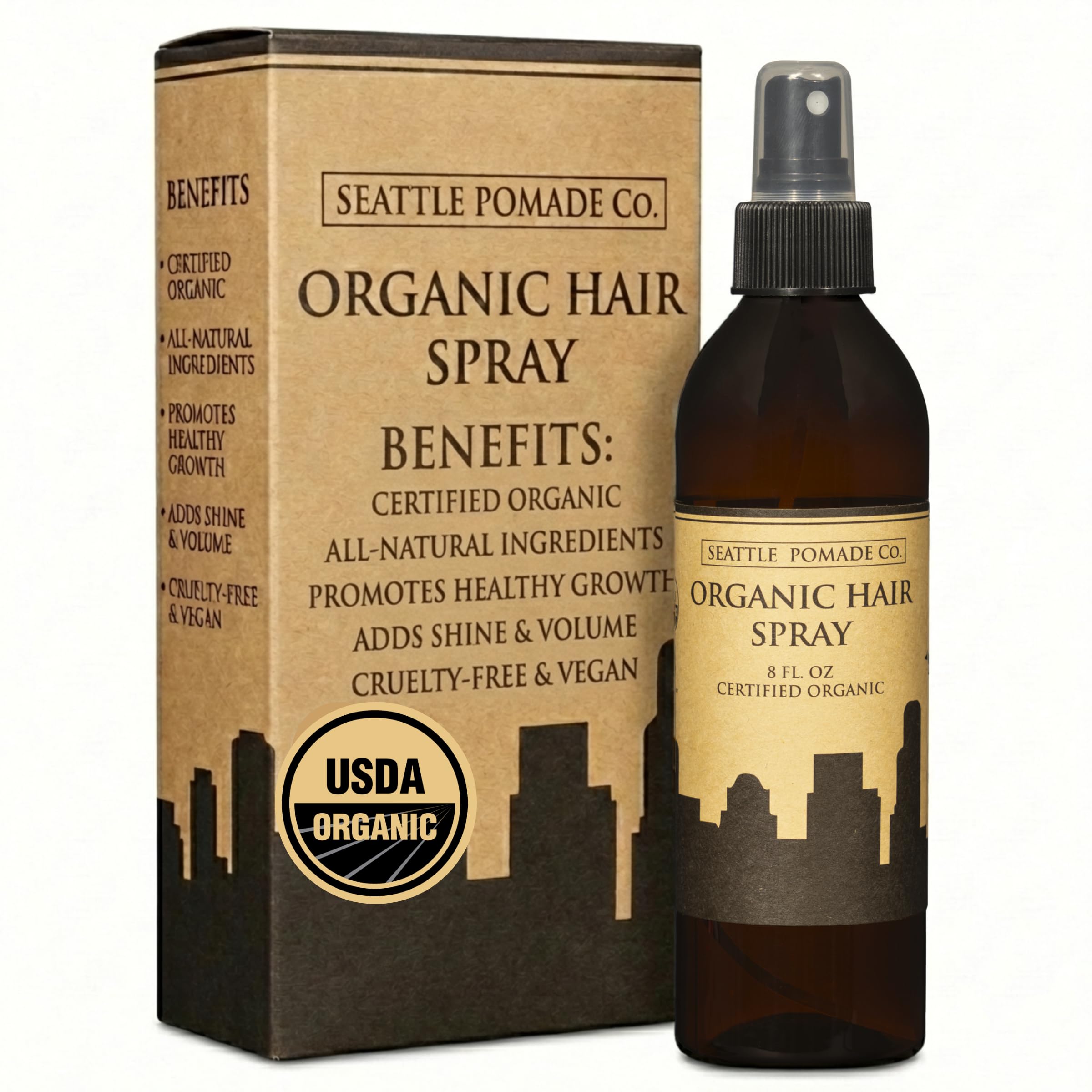 Seattle Pomade Co. Certified Organic Hair Spray made with Organic Aloe and Acacia Fiber. Strengthens & Lightly Holds Hair. Globally sourced certified organic materials.