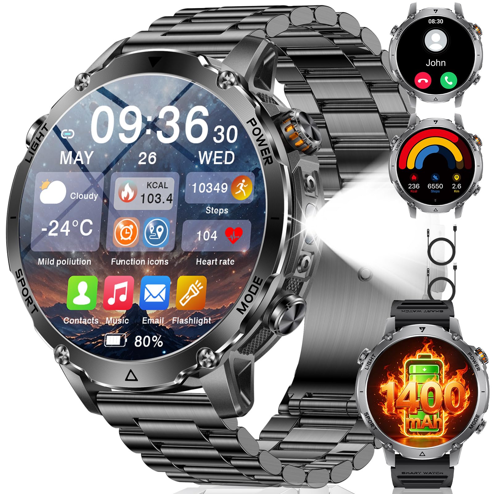 Montre Connectée Homme avec 1400 mAh, Smartwatch Homme LED Lampe 1,70'' Écran HD, Montre Intelligente Sport 100+ Modes Sportifs Podometre Sommeil Compatible Android iOS, 2 Bracelets（Gris）