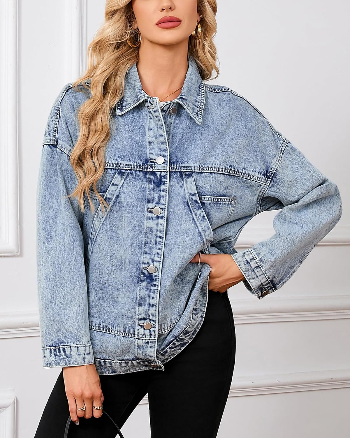 Women's Denim Jacket Long Sleeve Drop Shoulder Button Front Oversized Jean Jacket Coat With Pockets - Image 5