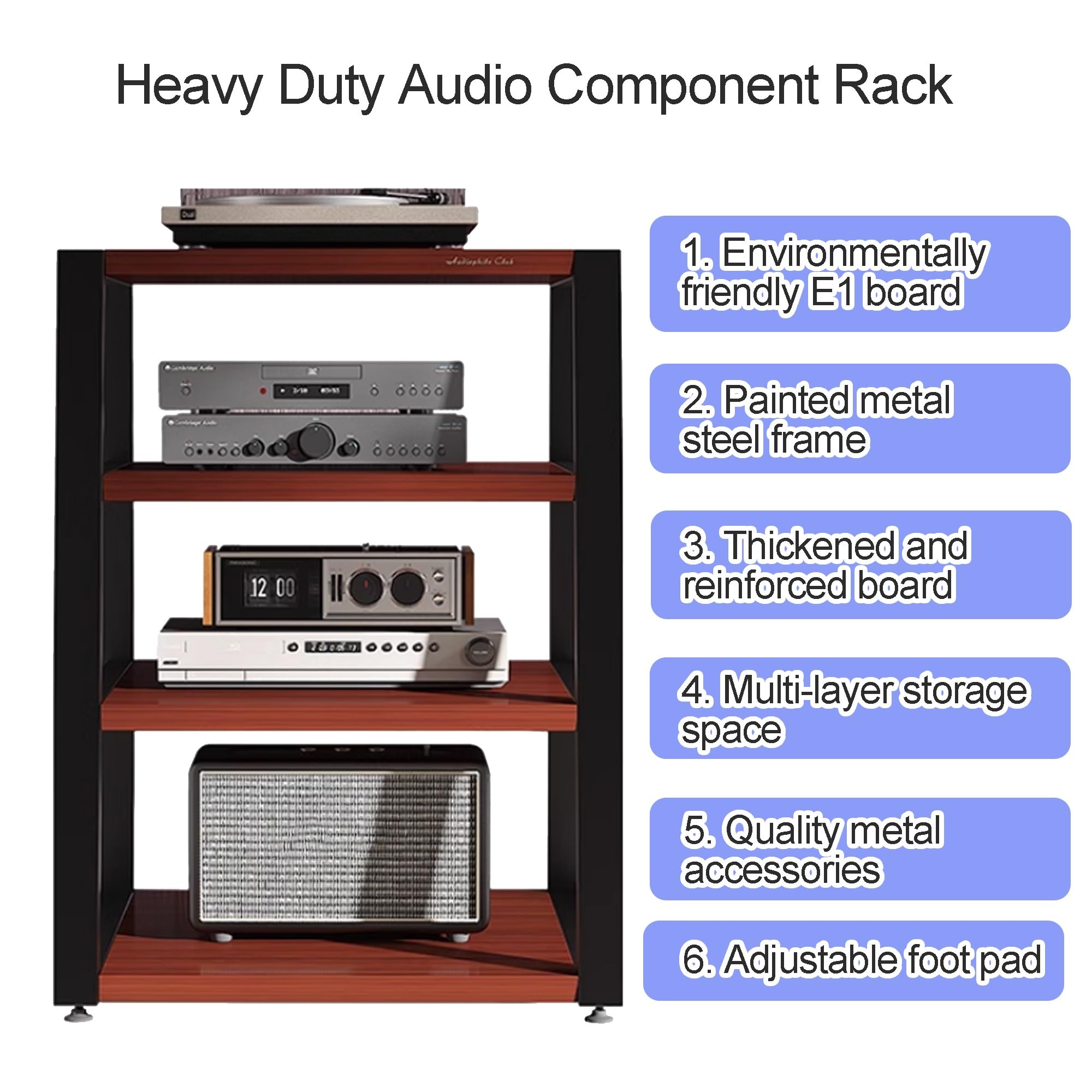 Stojak audio AV, 4-poziomowy stojak stereo do przechowywania multimediów i urządzeń rozrywkowych, odtwarzacz płyt DVD CD, uchwyt do domu, biura, kina, czarny, 60 x 52 x 60 cm