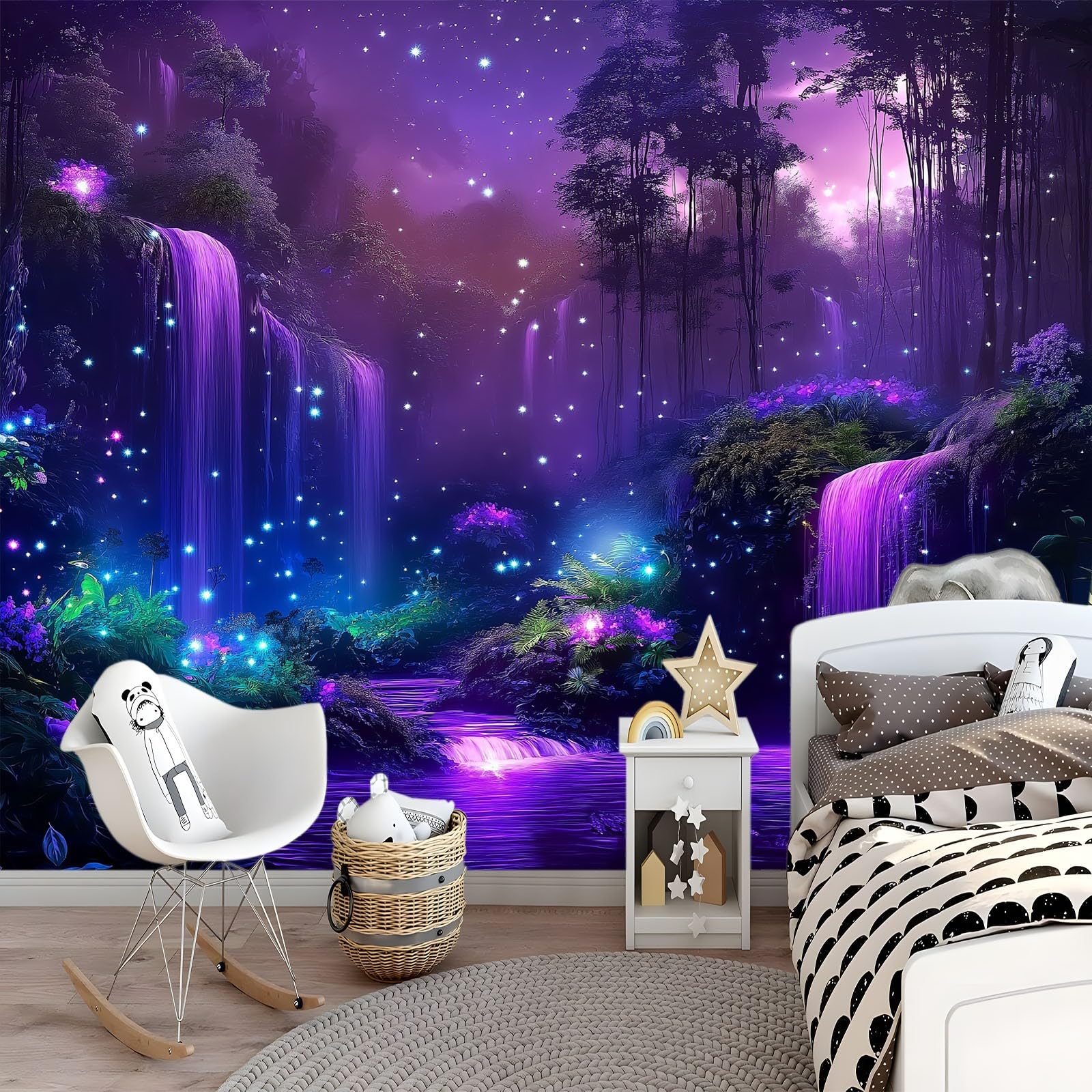 Panoramiczna tapeta z włókniny 3D fioletowy fantasy kraina czarów gwiaździsta noc las 200 x 140 cm, spersonalizowany plakat ścienny, samoprzylepne naklejki do salonu, sypialni, restauracji