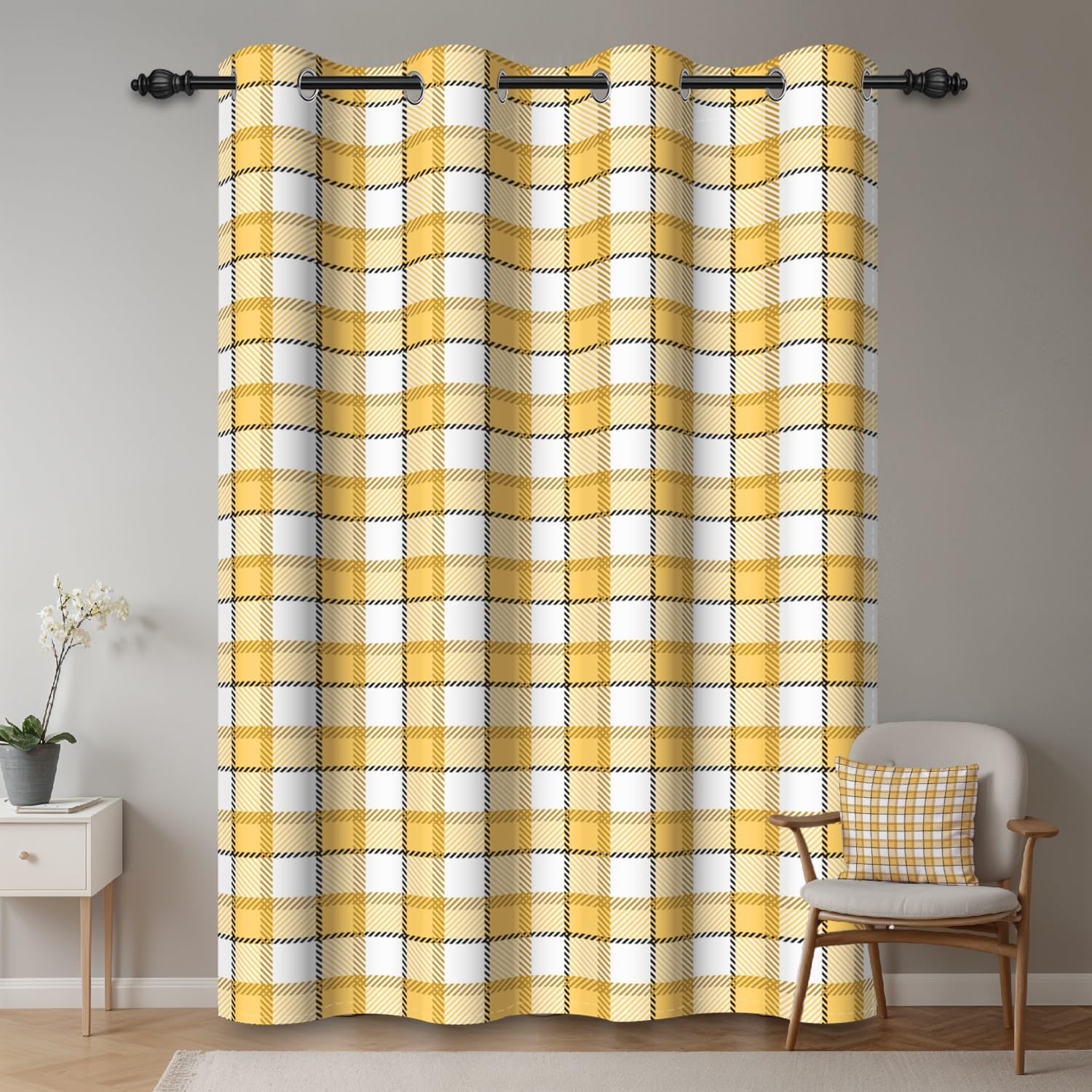 ggaimwf 42"x 63" Plaid Eyelet Curtain Yellow White Check Retro Gingham Rustic Farmhouse Style Thermal Grommet Room Dividers Blackout Window Drapes for Bedroom Cafe Kitchen Living Room,1-Single Panel - Image 2