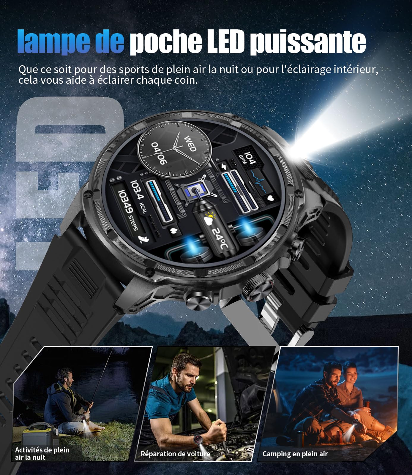 Montre Connectée Homme, Smartwatch Homme LED Lampe 1,85'' Écran HD Longue Autonomie, Montre Intelligente Santé Cardiaque Sommeil Tension Artérielle 120+ Modes Sportifs