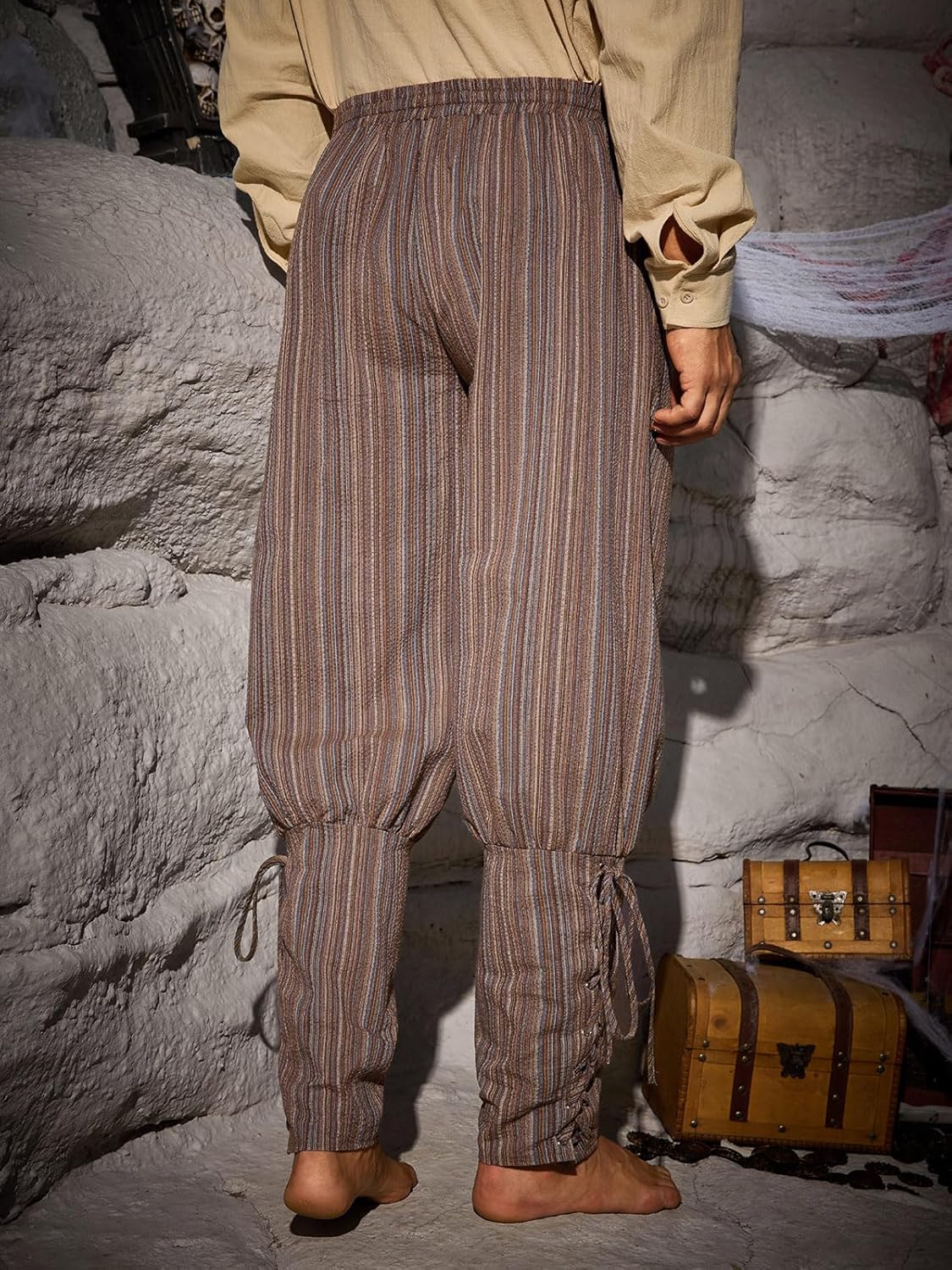 Runcati Mens Medieval Ankle Pants Renaissance Viking Navigator Pirate Pants Lace Up Striped Halloween Costume Trousers - Image 3
