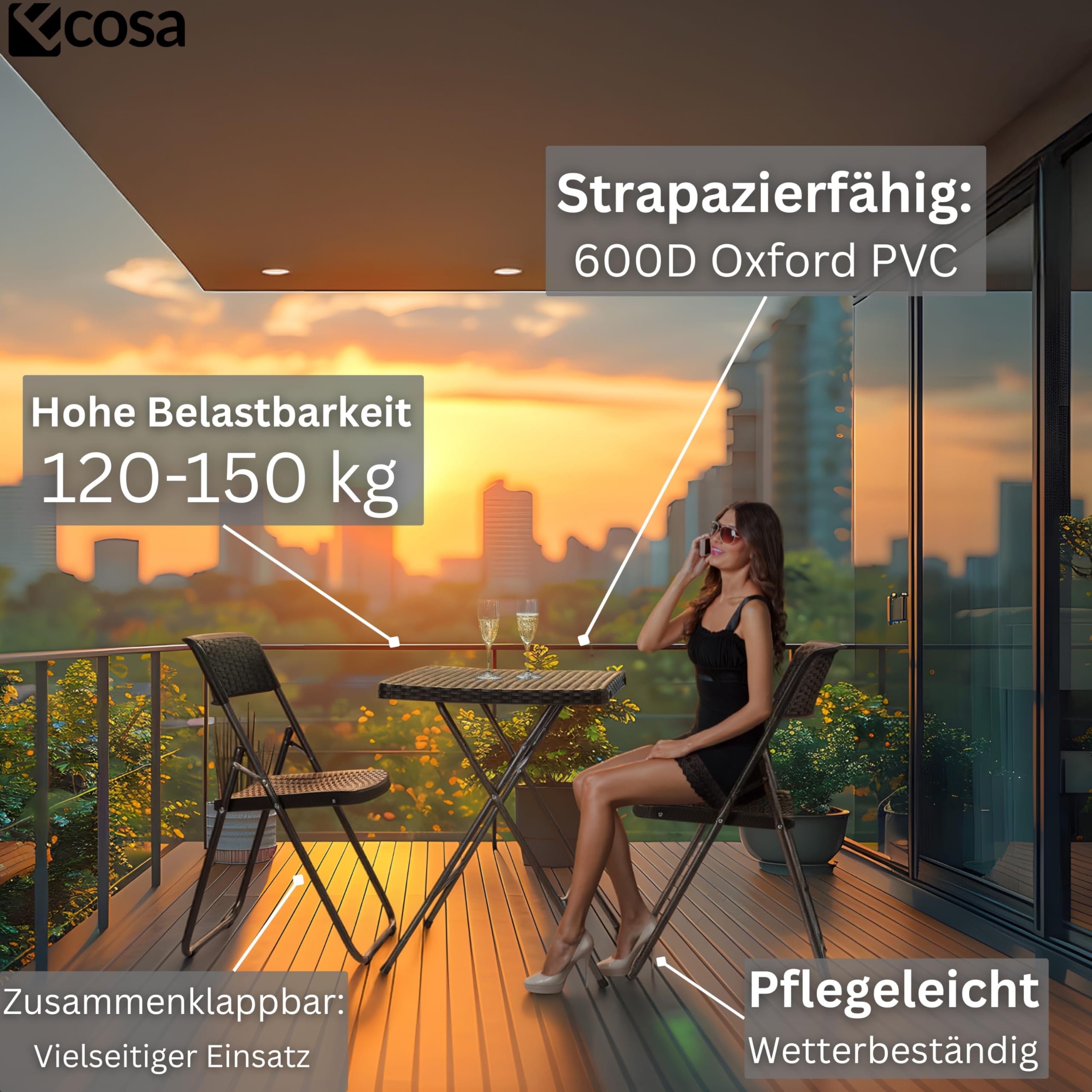 ecosa Zestaw bistro, 3-częściowy, stół balkonowy z 2 krzesłami, stół ogrodowy, składany – zestaw balkonowy składane krzesła – zestaw mebli balkonowych mebli ogrodowych o wyglądzie rattanu z