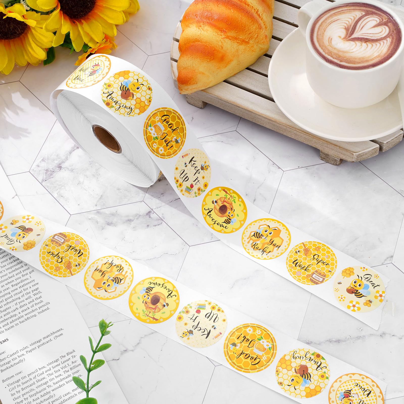 Whaline 1000Pcs Bee Incentive Stickers Cute Honeybee Round Student Reward Stickers Motivational Sunflower Bee Label Decals for for Back to School Party Classroom School Supplies - Image 3