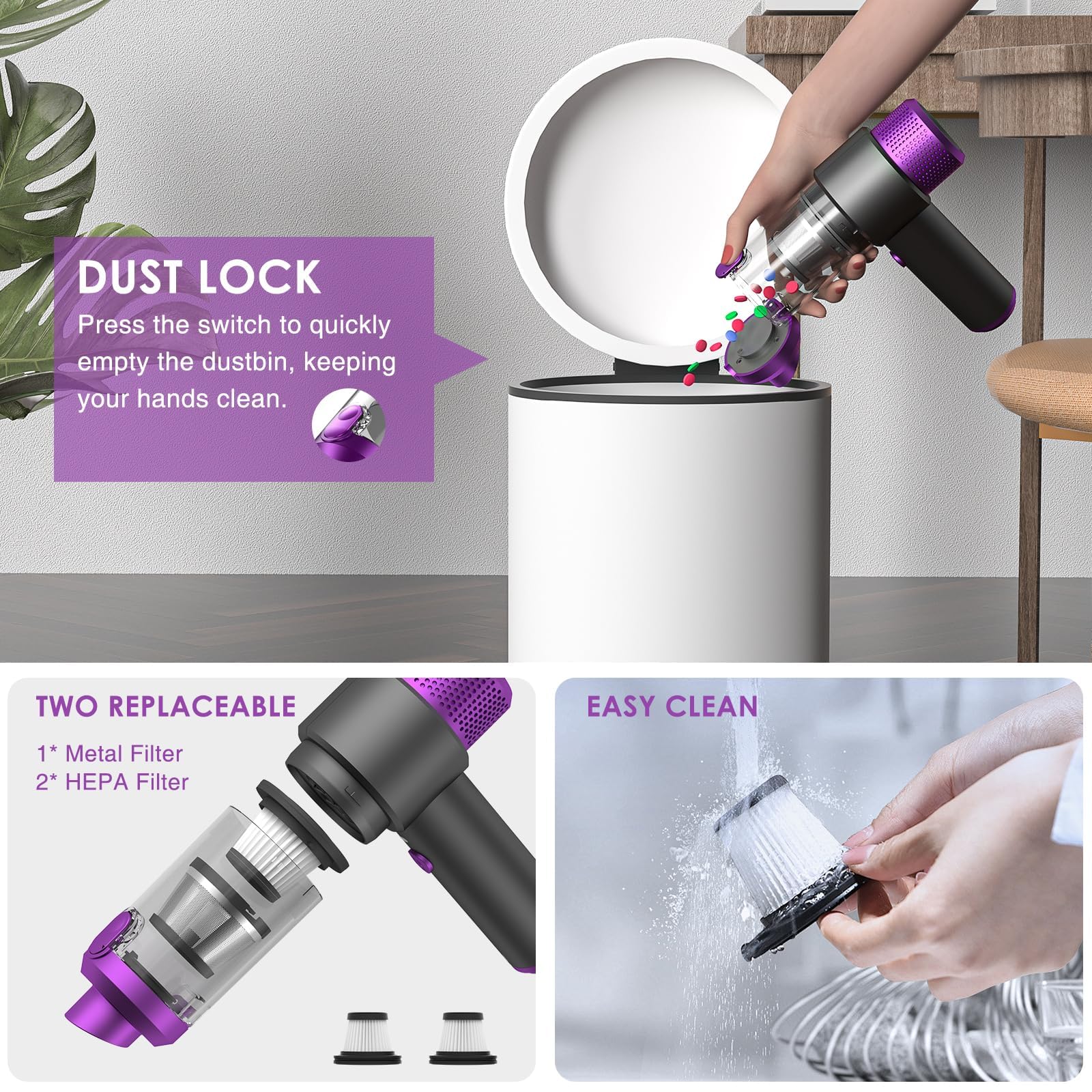 4-en-1 Aspirateur Voiture Puissant sans Fil, 15000PA Mini Aspirateur a Main sans Fil, Double Système de Filtration, Lumière LED, pour Souffleur Air Comprimé Nettoyage PC, Bureau (Violet)