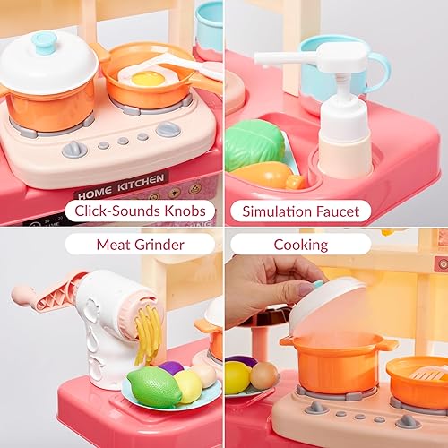 Miniatura 6 de Prextex Juego de cocina de plástico de simulación  Juego de cocina multicolor con lavavajillas y horno  Estufa con luces y sonidos  Grifo de trabajo