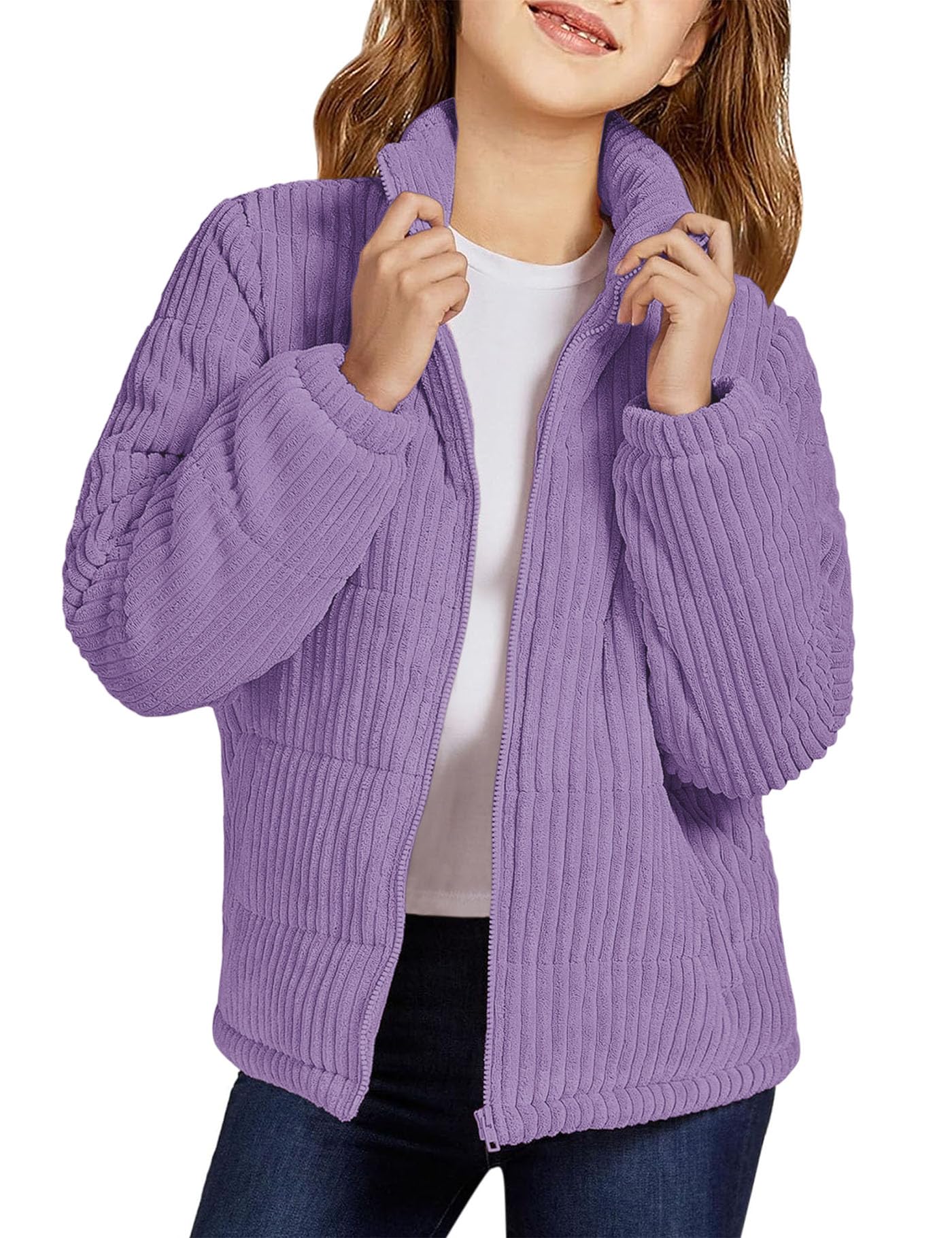 Floral Find Girls Long Sleeve Winter Jacket Coats Zip Up Stand Collar Corduroy Quilted Outerwear Jackets with Pocket