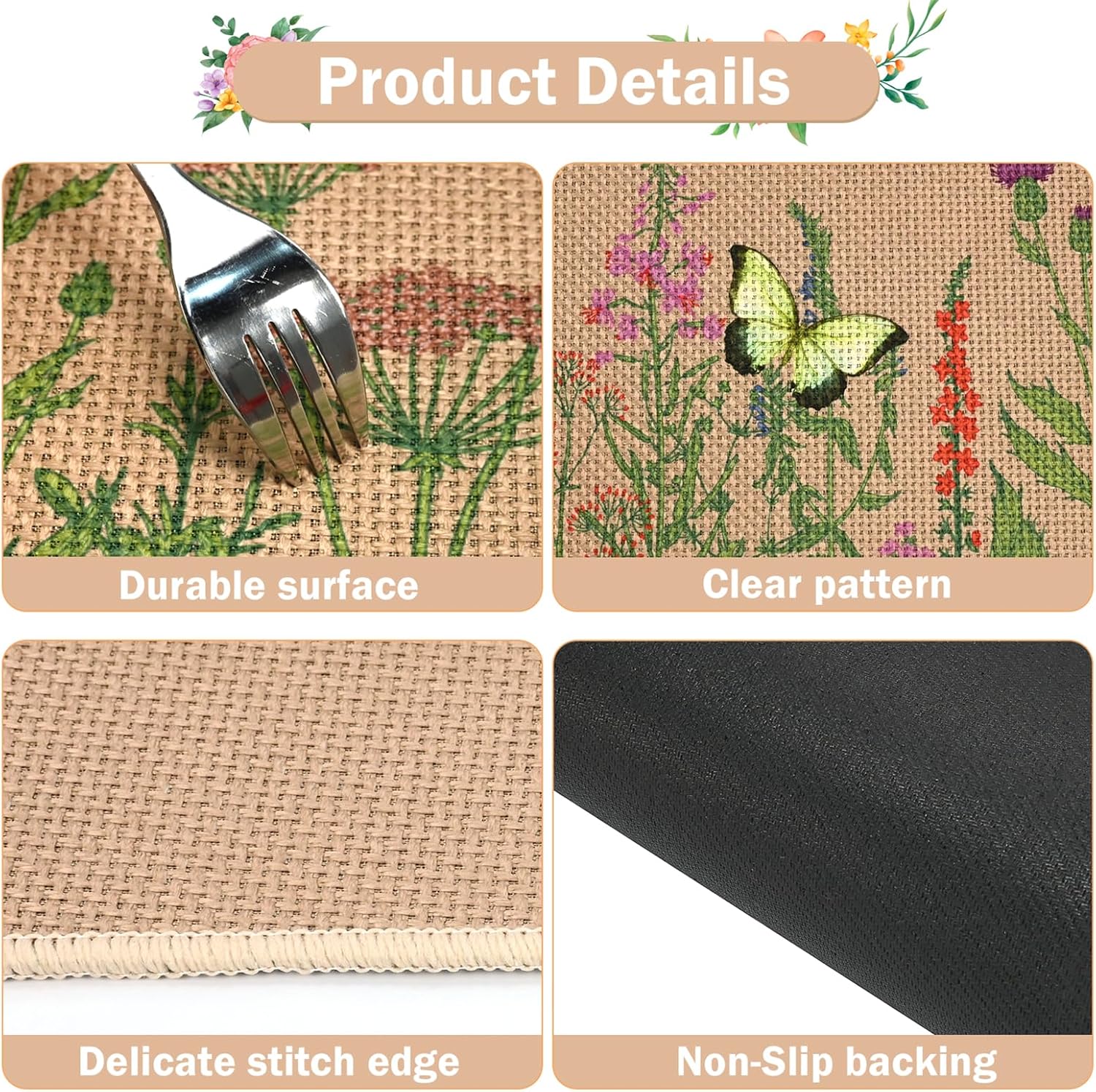 3 Piece Kitchen Rug Set Floral and Butterfly Spring Summer Kitchen Rugs for Floor Non-Slip Low-Pile Washable 17x29+17x47+17x59