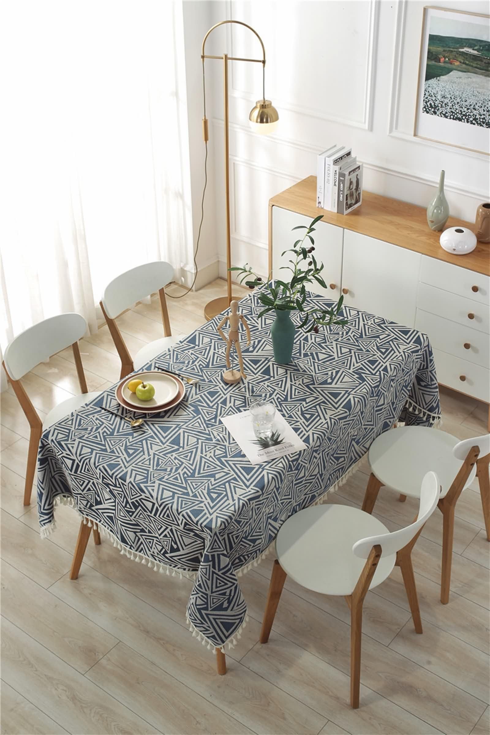 Mantel Rectangular Azul Marino Terraza, Patrón de Triángulo con Borlas, de Poliéster Fácil de Limpiar, 120 x 160 cm, Mantel para Mesa de Centro