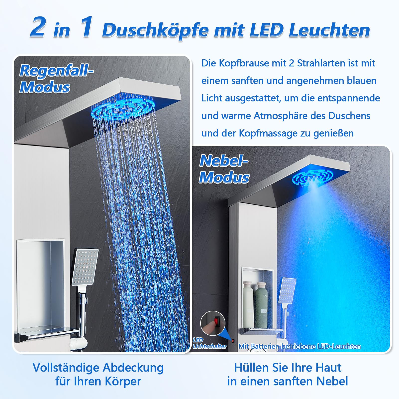 ROVOGO Duschpaneel mit Ablage und Armatur, 5 Funktionen Duschsäule mit LED: Nebel- und Regen Duschkopf, 2 Massagedusche, 3-Modus Handbrause, Wasserfall Wanneneinlauf, Duschpaneele Edelstahl Gebürstet