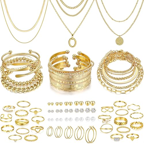 FAXHION 68 Pcs Gold Jewelry Set for Women With 7 Necklace,17 Bracelet, 5 Hoop Earrings,15 Stud Earrings,24 Knuckle Rings for Women Jewelry Set for Women