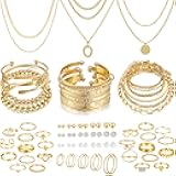 68 Pcs Gold Jewelry Set for Women with 7 Necklace, 17 Bracelet, 5 Hoop Earrings, 15 Stud Earrings, 24 Knuckle Rings for Women Jewelry Set for Women