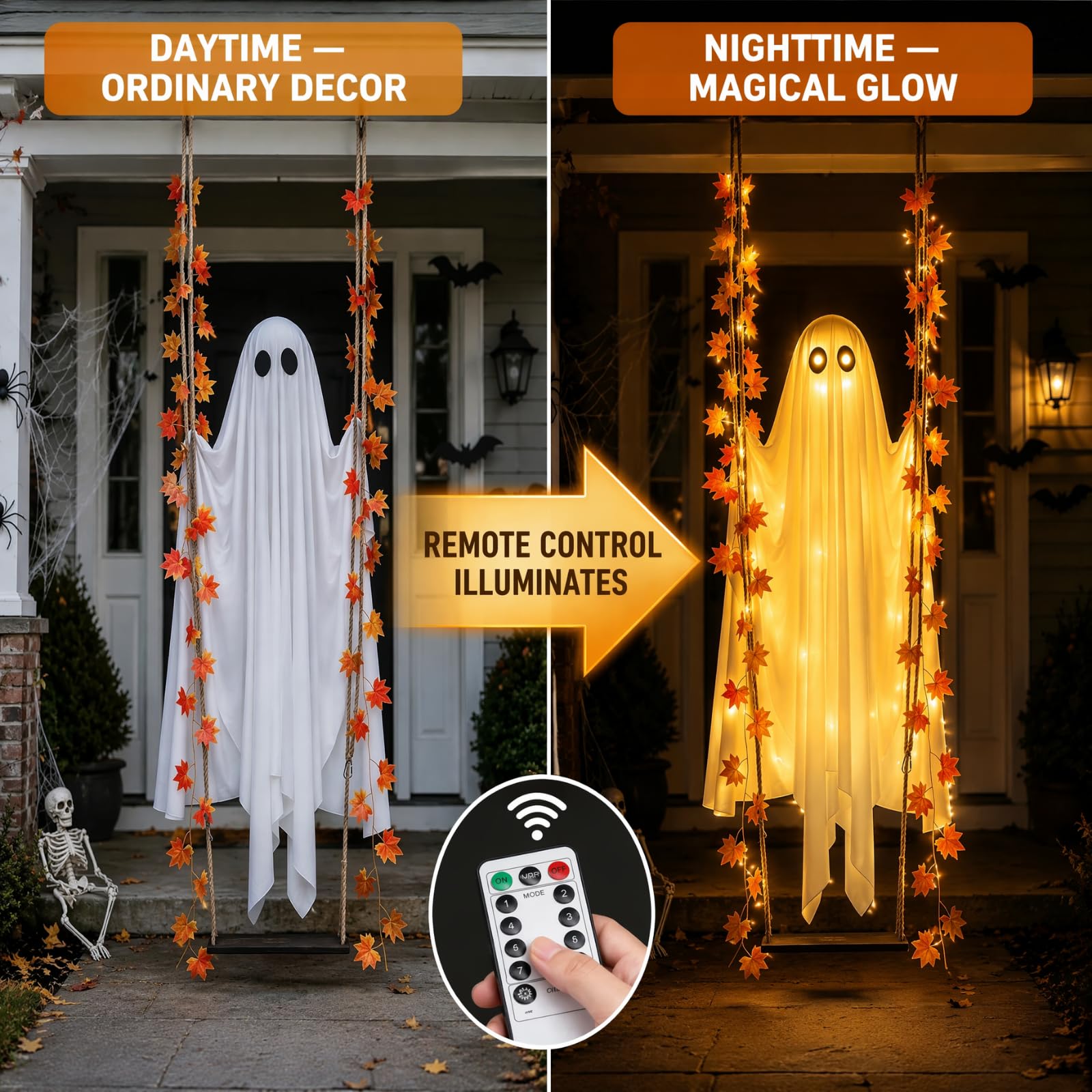 Wiszący duch 1,2 m dekoracja na Halloween, podświetlany duch ozdoba 2 szt. | z huśtawką w kształcie liścia klonu, upiorny uroczy do wewnątrz na zewnątrz drzewo podwórko ganek ogród impreza dekoracja