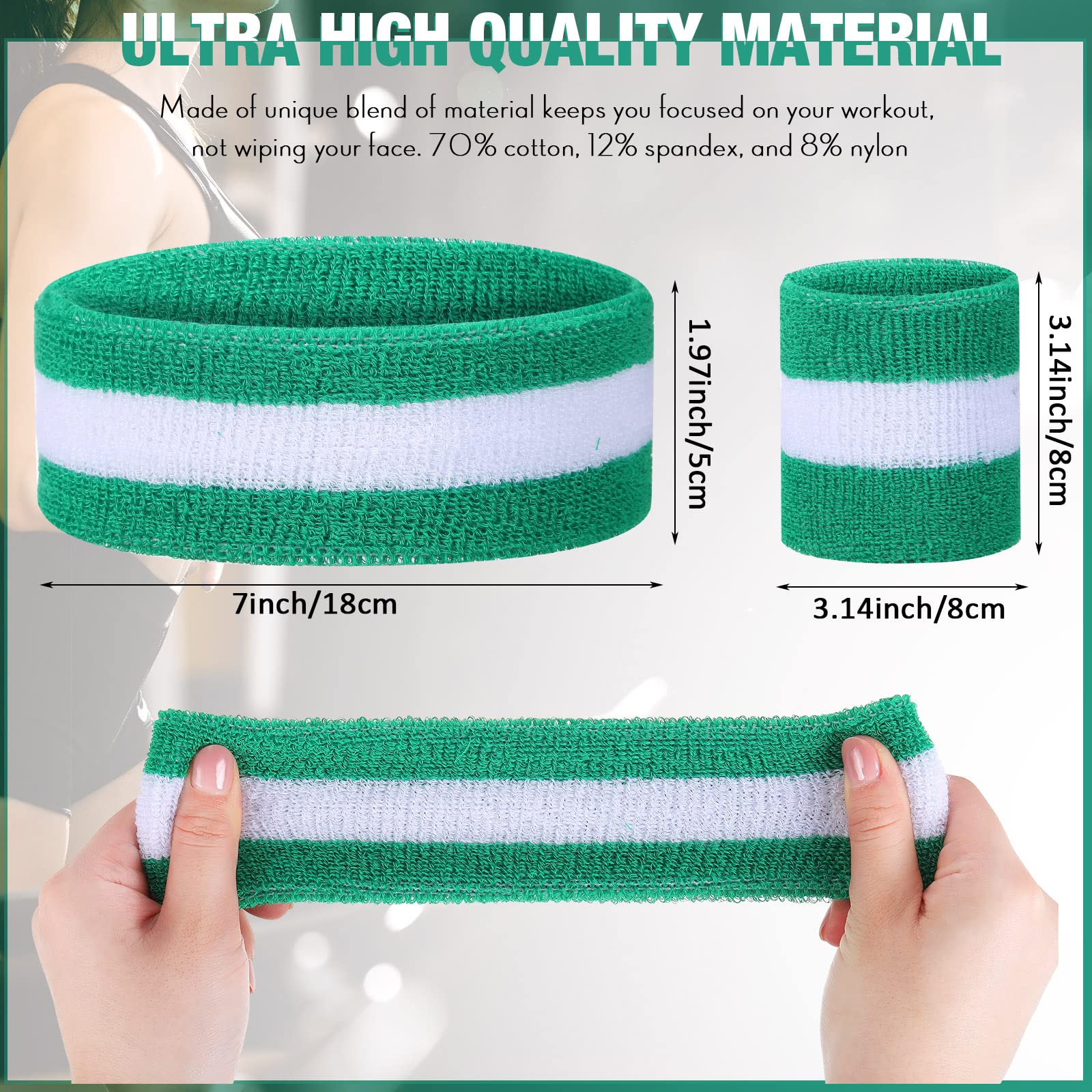 Eurzom 36 Pcs Bulk Striped Sweatband Set Include 12 Pcs Sweat Absorbing Striped Headbands and 24 Pcs Cotton Sweatbands Wristbands for Gym Sports
