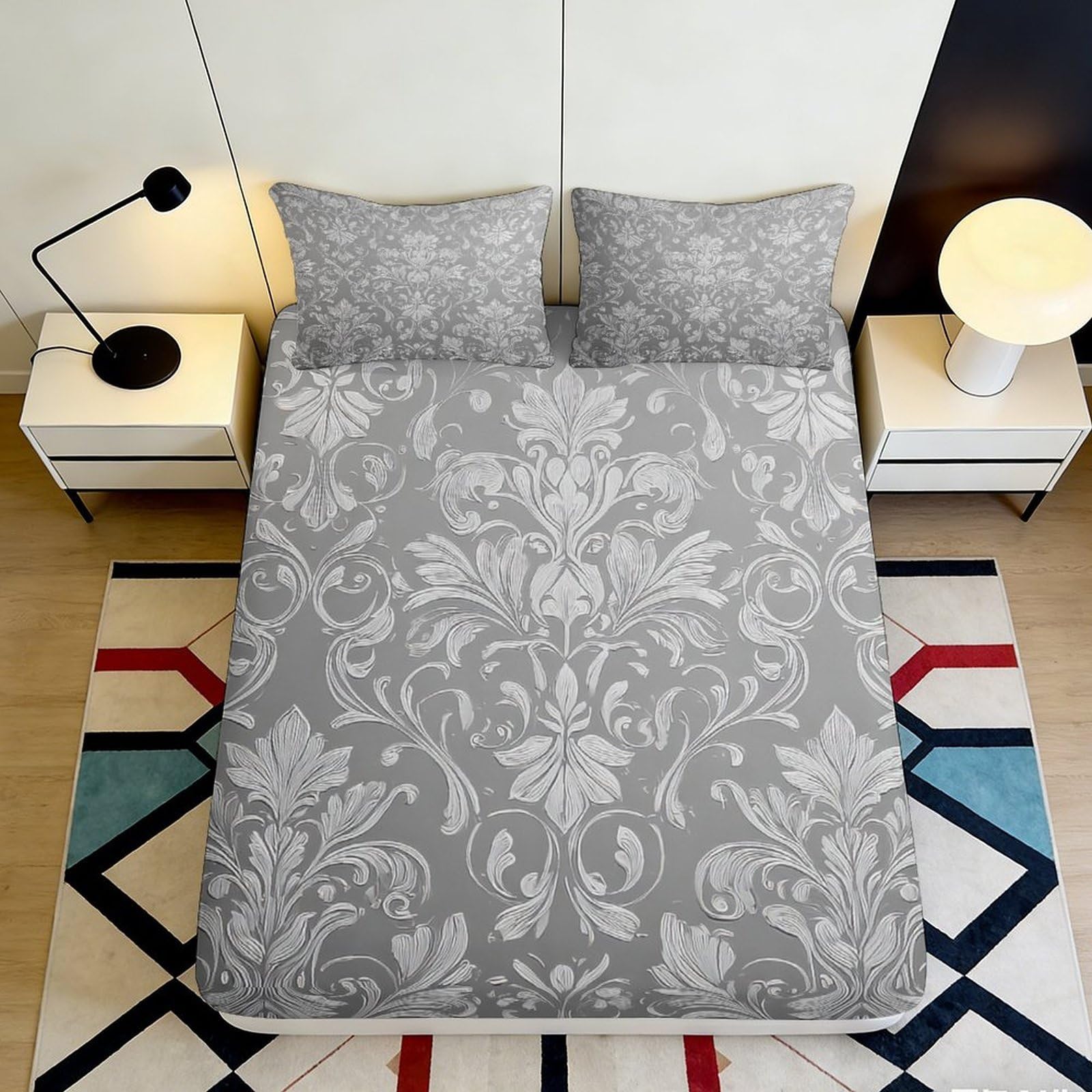 Pnayamiorkfel Style-5 3D Printed Floral Baroque Fitted Sheet Microfiber Grey Mattress Cover Decor For Bedroom Guest Room Easy Care 90X200x25cm