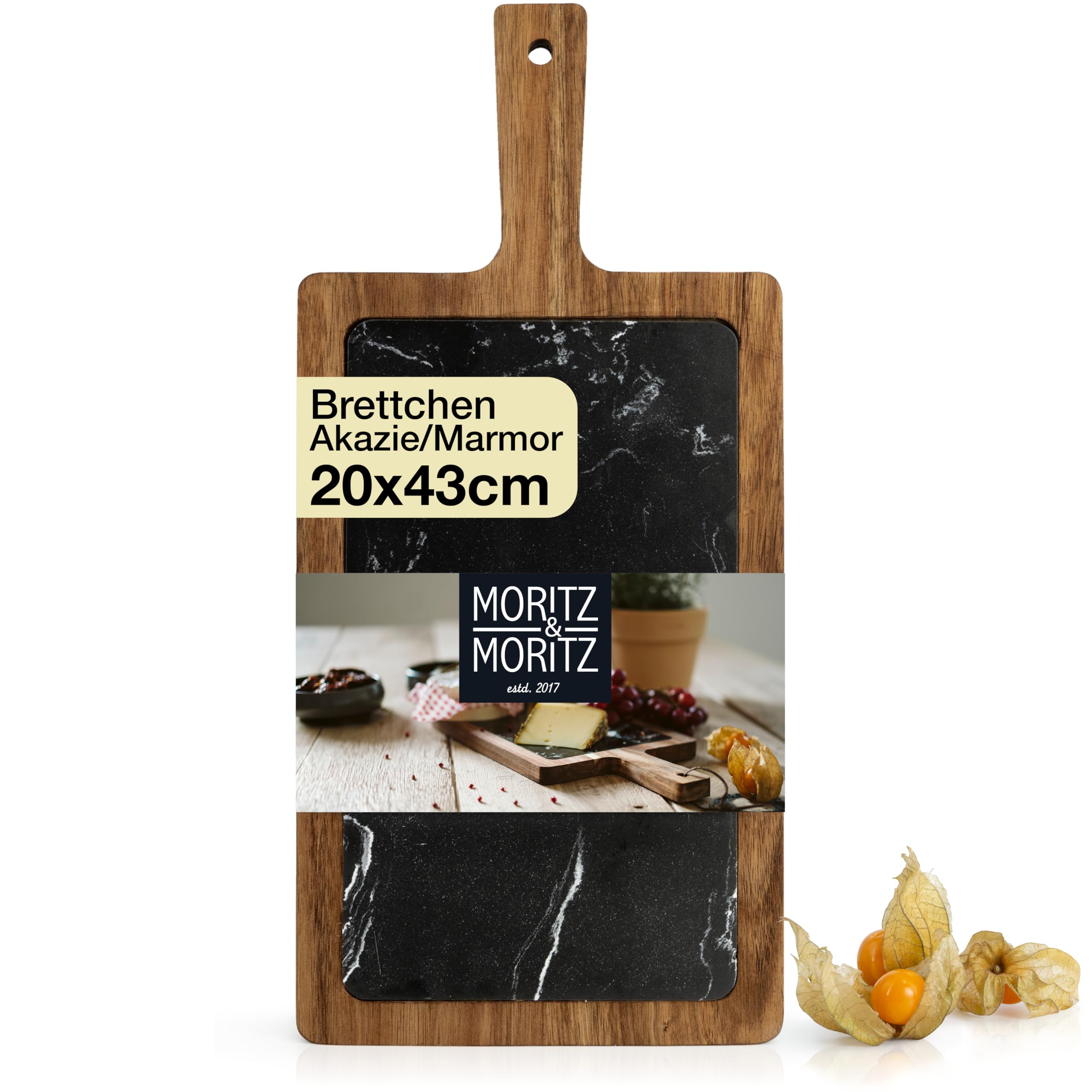 Moritz & Moritz Servierbrett Holz mit Marmor - Servierplatte Schwarz - Akazie Käsebrett als Deko zum Anrichten und Servieren von Käse, Fisch, Fleisch u.v.m.