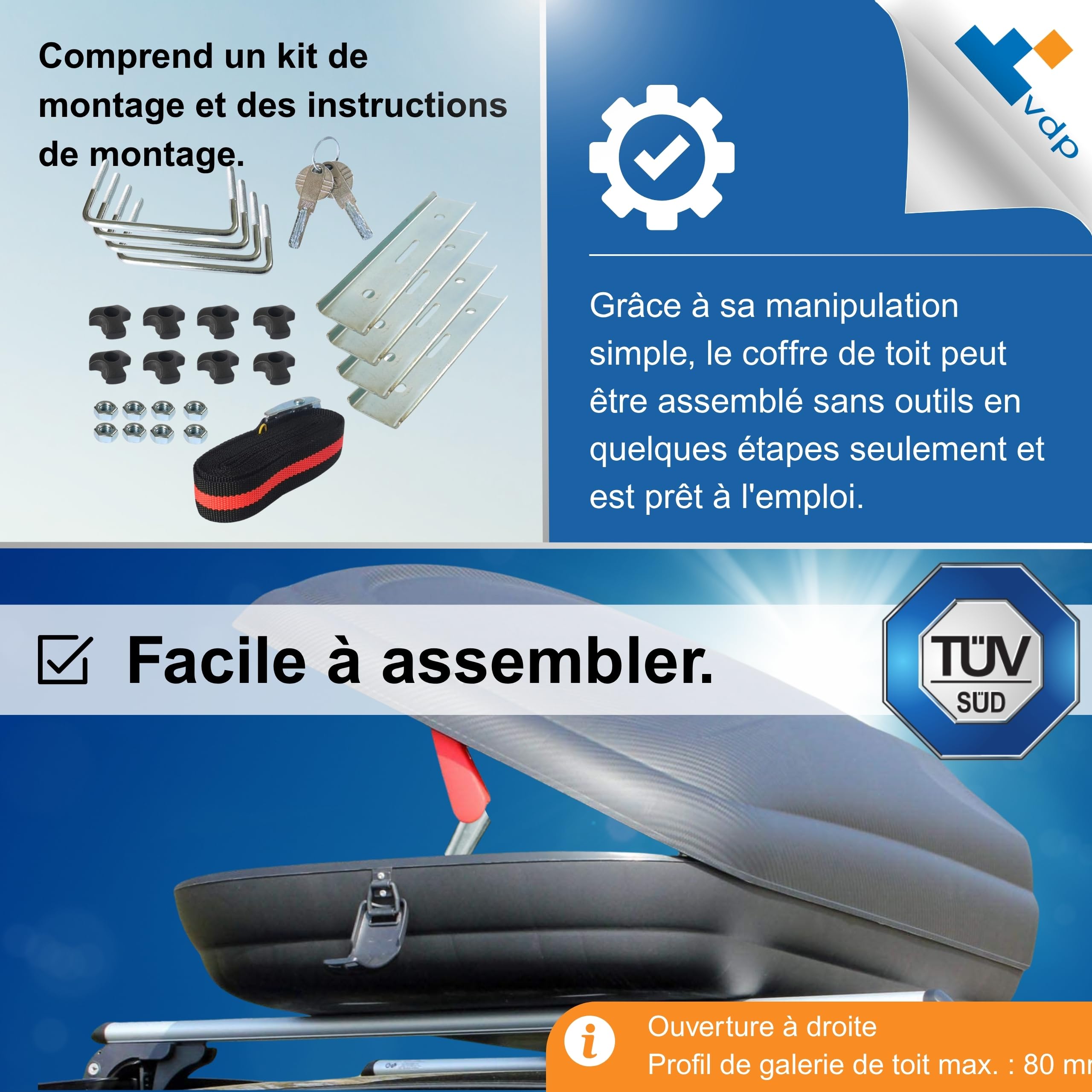 VDP-BA400 Coffre de toit de voiture avec accessoires - Coffre de toit - Aspect carbone - Verrouillage central verrouillable - Universel pour voiture van SUV 400L