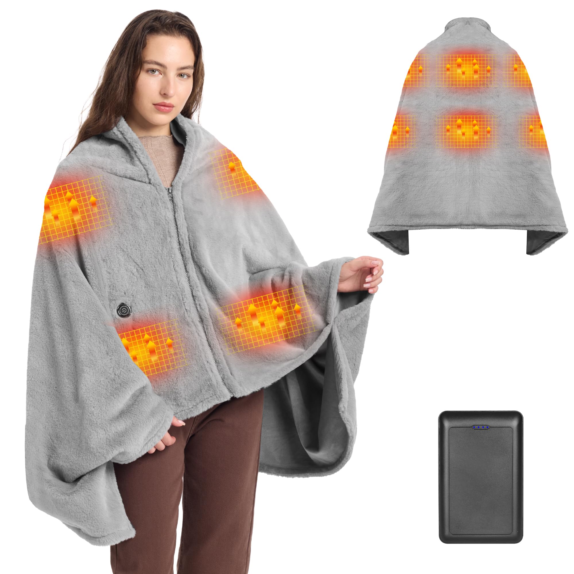 Heizdecke Kabellos 160x90cm mit Akku, Waschbar Flanell Heizdecke, USB Elektrische Wärmedecke für Sofa, Büro, Reisen, Camping (Grau)