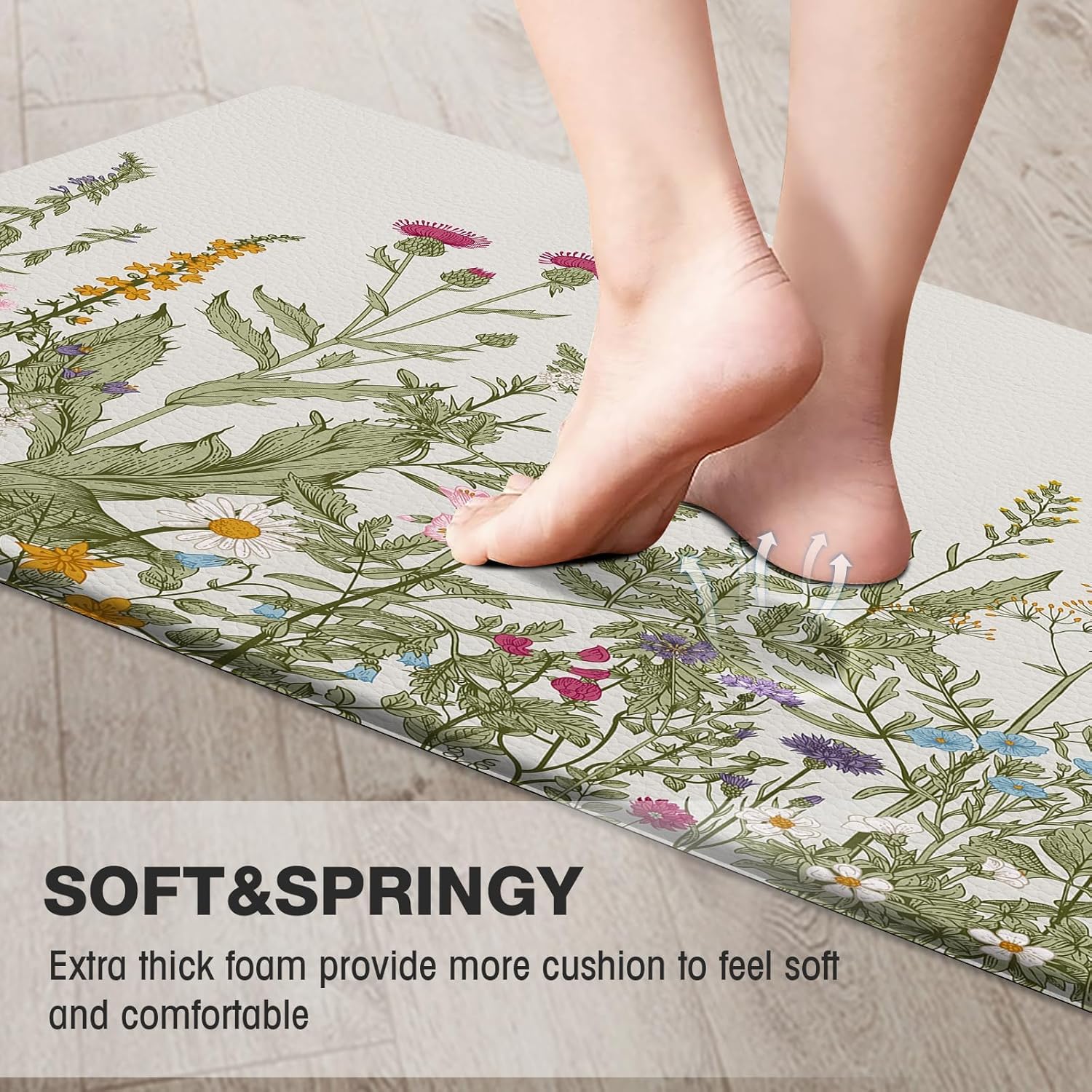 MAYHMYO Anti Fatigue Kitchen Mat for Floor Set of 2 Colorful Floral Plants Cute Vintage Comfort Mats Cushioned Non Slip Waterproof Kitchen Rugs Standing Kitchen Mats for Floor House Sink Office