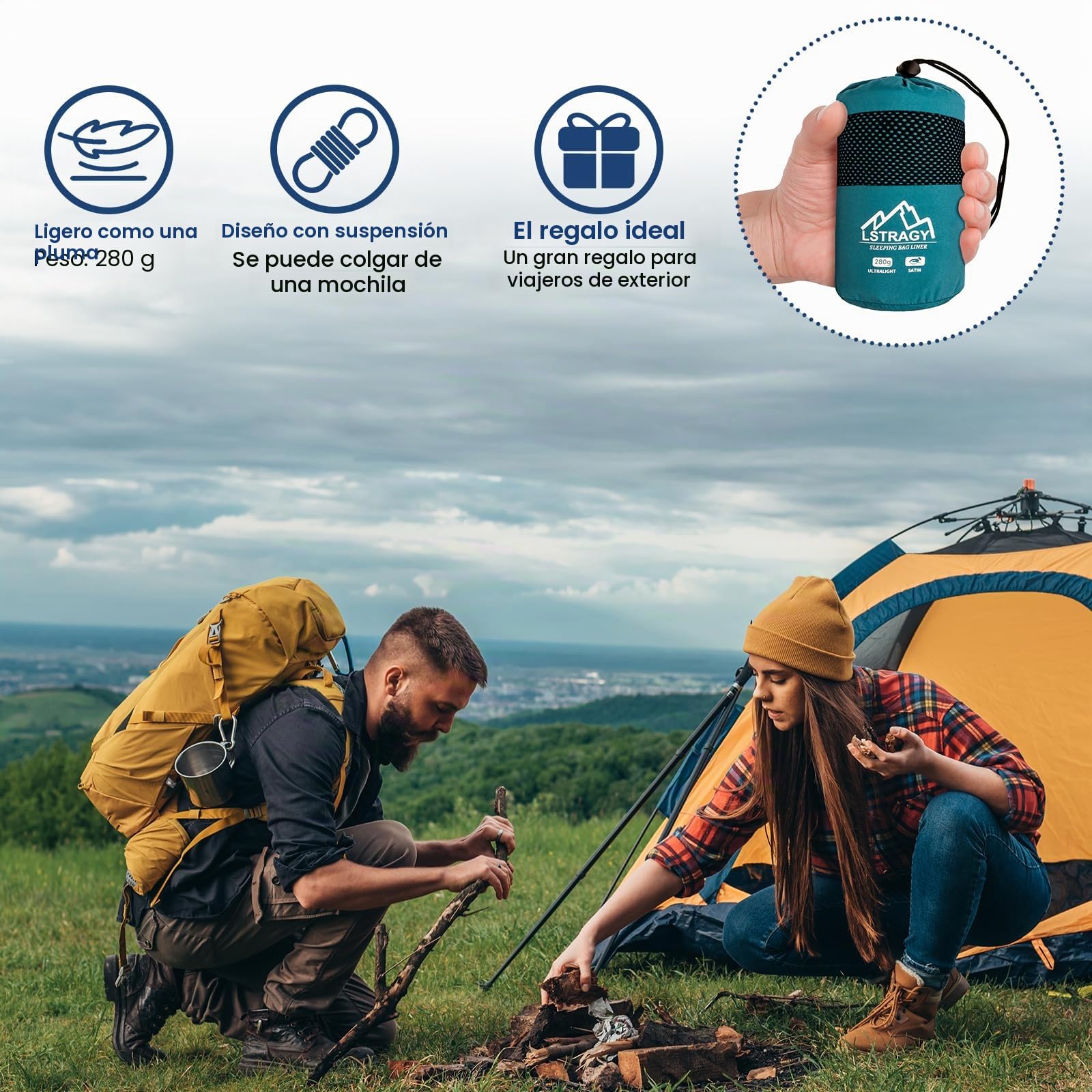 Saco de Dormir Ultraligero de satén, 220g/280g Saco de Dormir Fino con Funda y Cremallera bidireccional, Ideal para hostales y Viajes de mochilero, imprescindible para el Senderismo