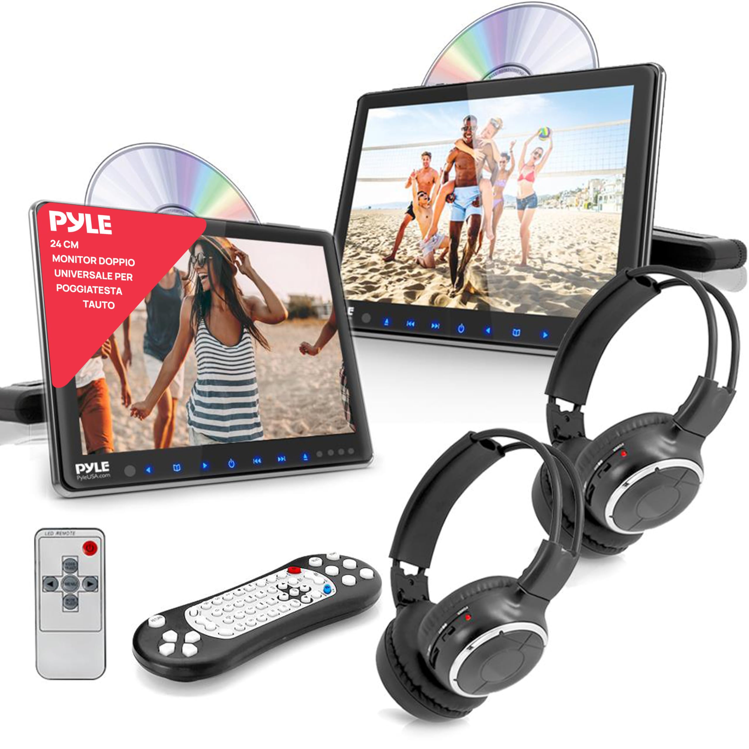 Pyle Schermo per Auto per Poggiatesta Auto 23,9 cm con Cuffie Wireless, Lettore Multimediale CD/DVD, HDMI, Schermo LCD Widescreen, Sistema Intrattenimento Audio/Video e Staffa di Montaggio